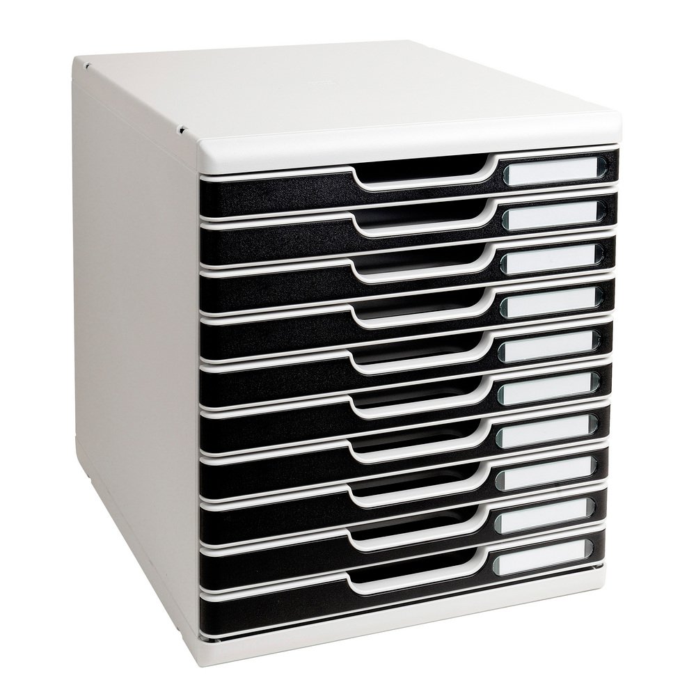 Exacompta - Ref 302014D - Modulo A4 Office - 350 x 288 x 320mm in Size, 10 Closed Drawers (26mm Height), Smooth Opening with Stop, Label Holders - Light Grey/Black