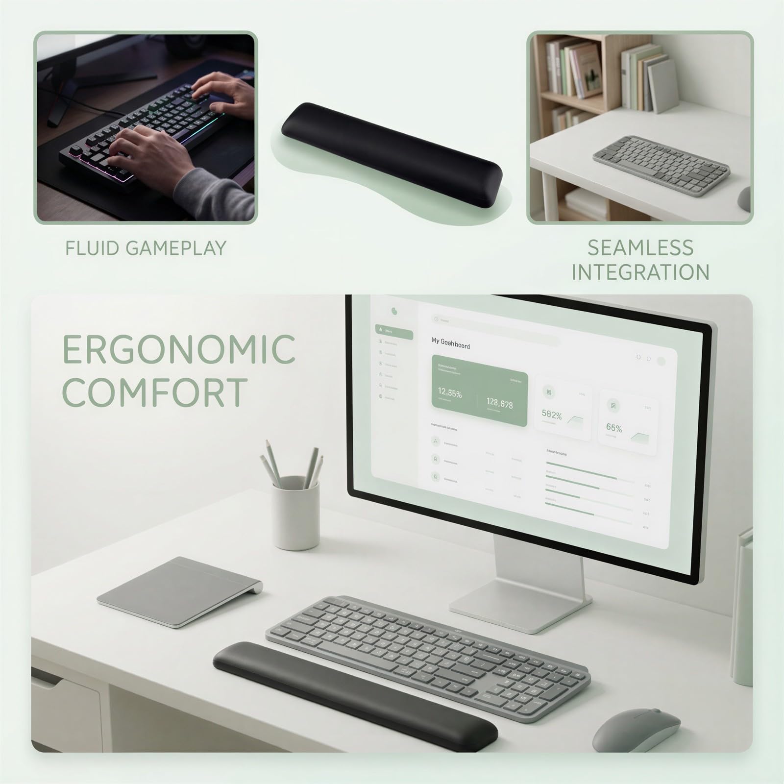 Repose poignet clavier ergonomique, support silicone pour confort, coussin de paume souple antidérapant, accessoire de bureau et gaming noir élégant pour télétravailleur et joueur