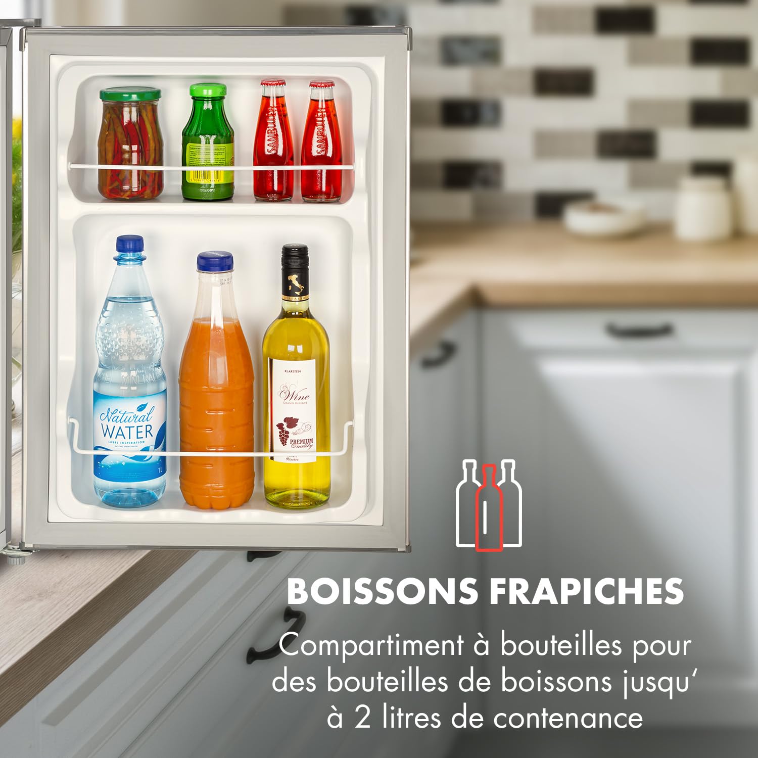 KLARSTEIN Cool Kid - Réfrigérateur à boissons, mini-réfrigérateur, mini-bar, 66 litres, classe d'efficacité énergétique E, 109 kWh/an, sur pied, 45x63x51 cm (LxHxP), 42db, gris argent