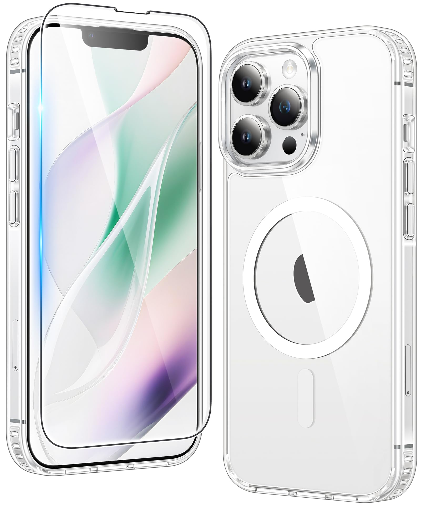 for iPhone 13 Pro Case: Clear Magnetic Phone Cases with Screen Protector Compatible with Magsafe Slim Anti Yellowing Rugged Shockproof Protective Transparent Cell Phone Cover (A-Clear)