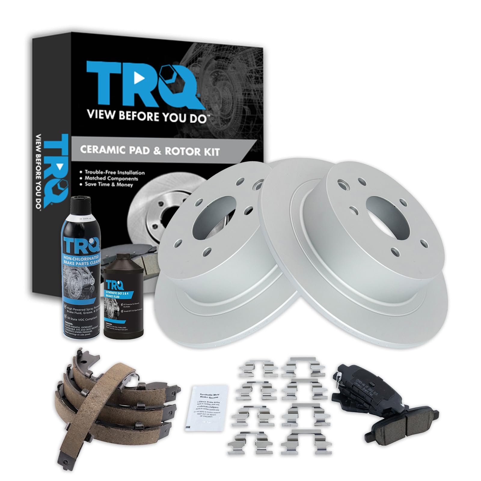 TRQ Rear Brake Pad &amp; Rotor Kit, with Chemical Kit Parking Brake Shoe Set Ceramic Premium G-Coated Compatible with 2002-2021 Nissan Altima 2004-2018 Maxima