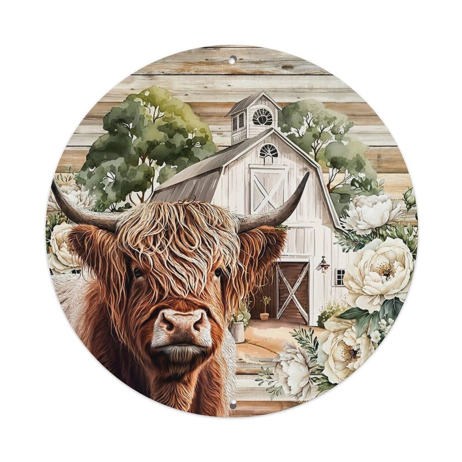 Highland Cow Barn Floral Pattern Vintage Metal Tin Sign Retro Wall Decor for Home Bar Garage Cafe, Indoor & Outdoor Decorative，circle Metal Poster, 8x8 Inch