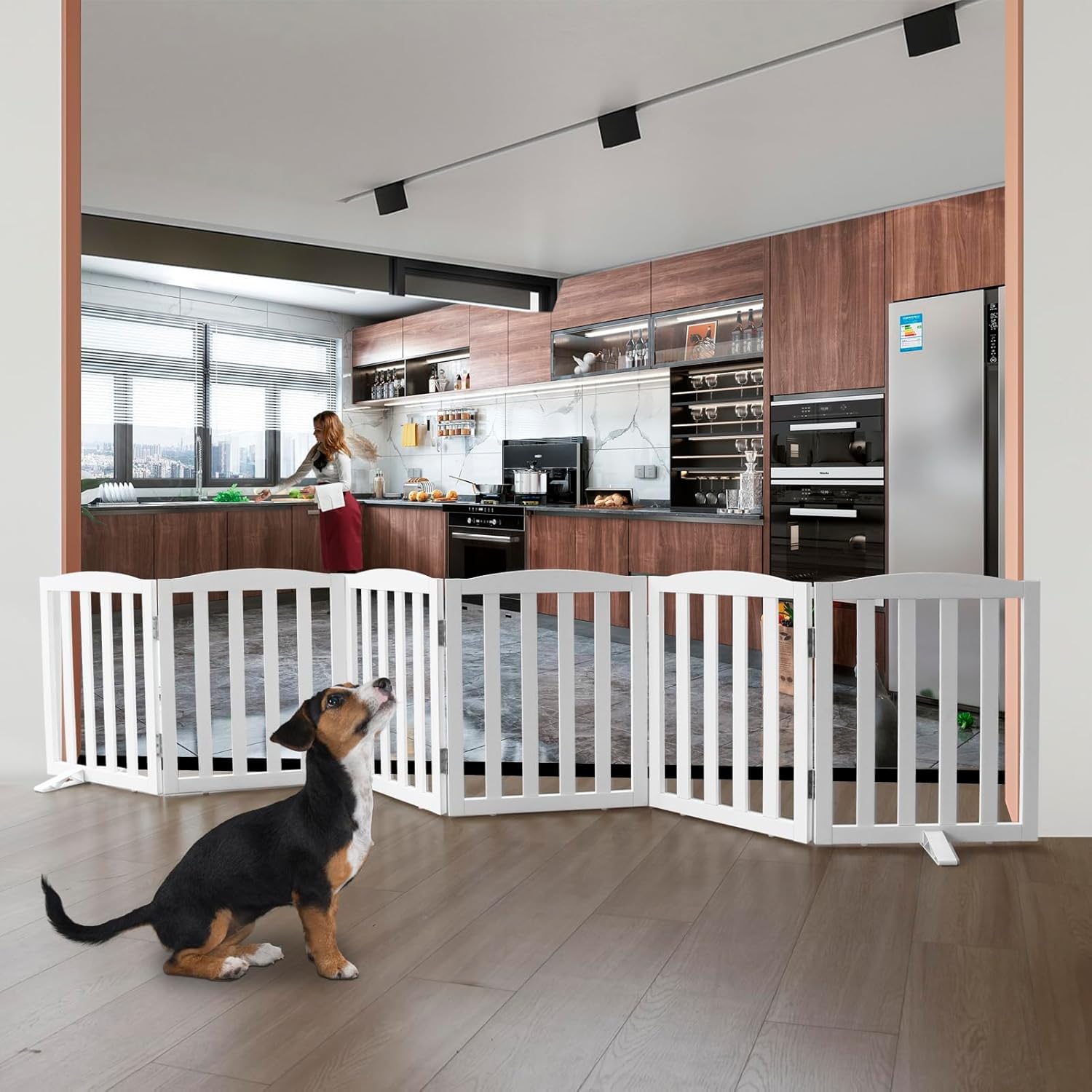 Belief Wood | Freestanding Dog Gate | Foldable Wooden Pet Safety Gate for Dogs & Kids | Indoor Barrier with Support Feet for Stairs, Doorways, Hallways & Kitchens - 24" (White, 6 Panel)