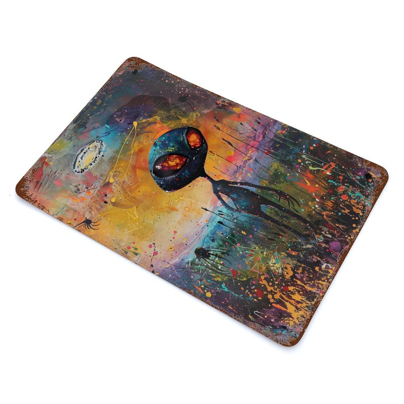 Distressed Metal Wall Sign with Alien Art XXXVIII Design 11.8"x7.9", for Farmhouse, Kitchen And Entryway Decor, Old School Wall Decor