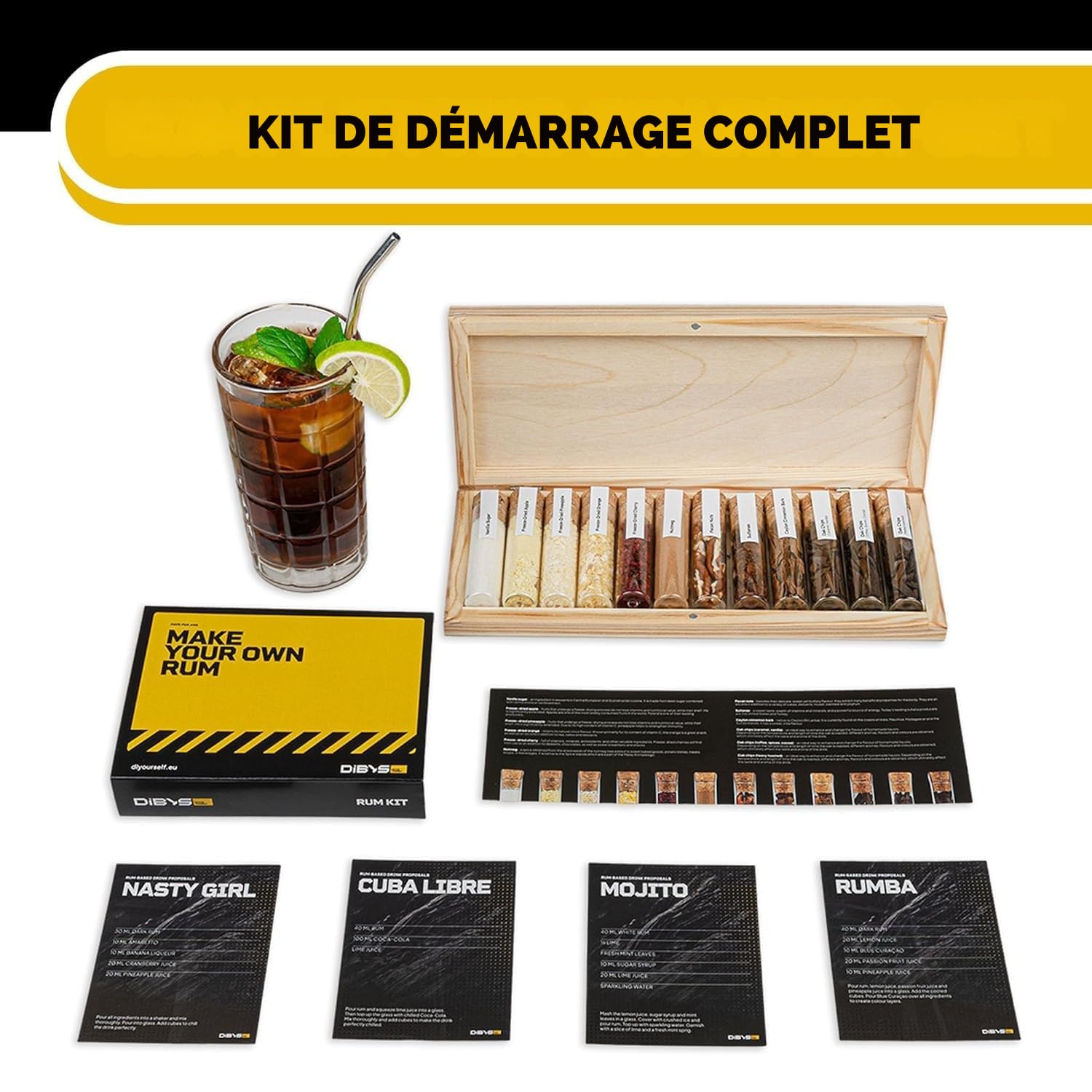 DIBYS Coffret d'Épices pour Rhum Mini | 12 Botanicals pour Coffret Rhum | Avec 4 Cartes de Recettes, Lexique des Épices & Coffret en Bois Élegant | Accessoires pour Faire son Rhum
