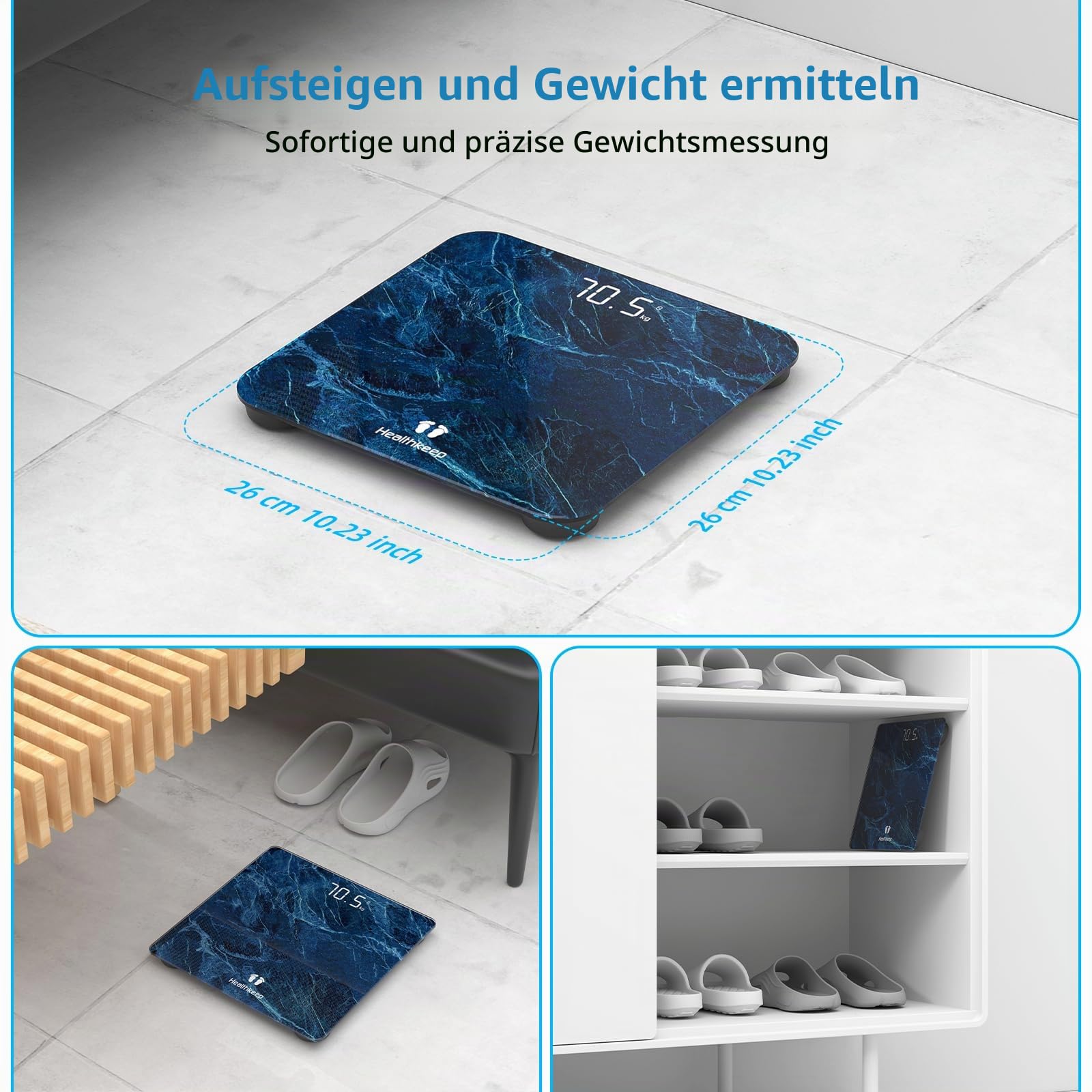 Healthkeep Digitale Personenwaage, hohe Präzision, mit Step-on-Technologie, LED-Anzeige, schlankes Design, max. 180 kg/400 lb, marmorierblau