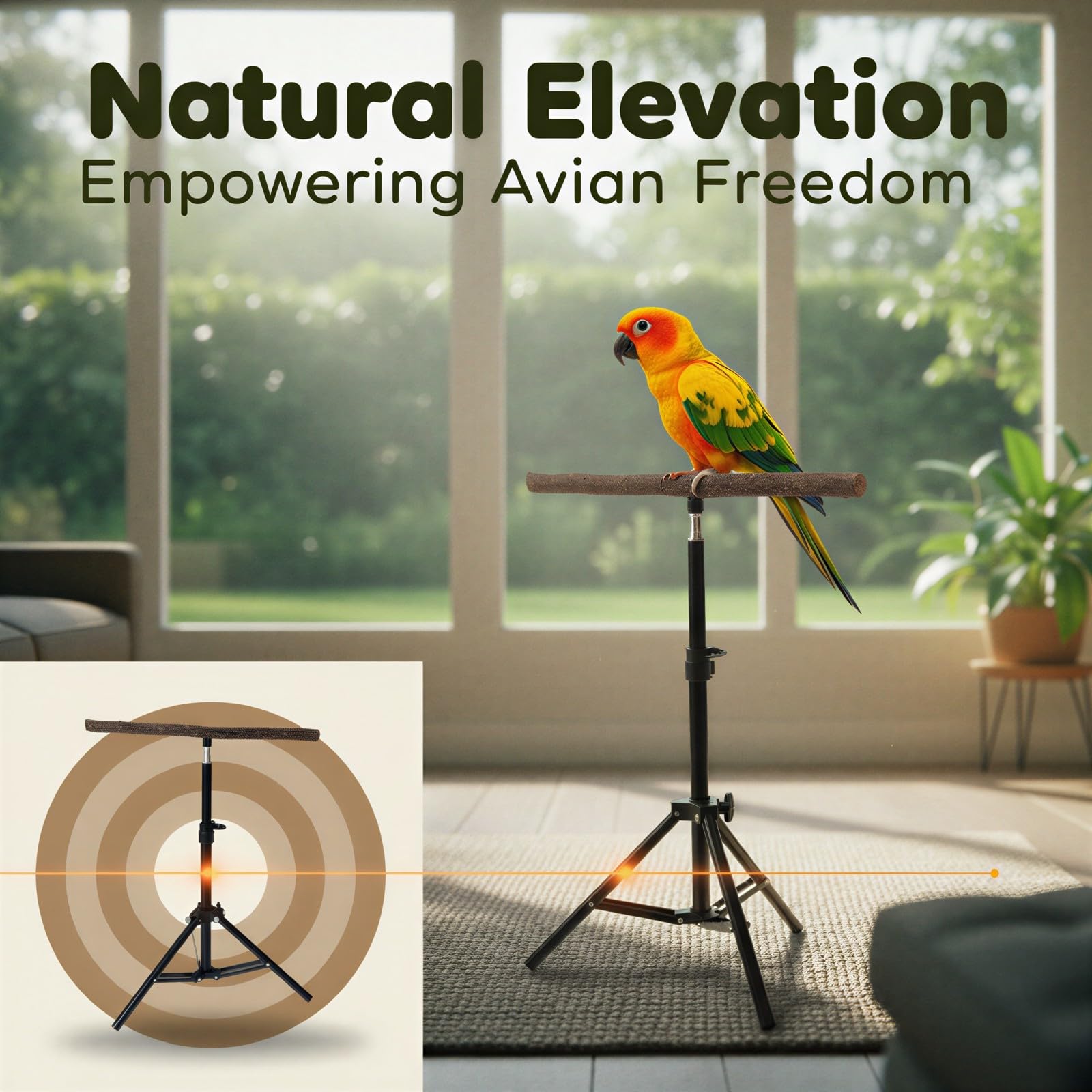 Perchoir pour oiseaux réglable, support trépied portable de 15,7 à 29,5 in, bois naturel de 15,0 in pour oiseaux de taille moyenne, pliable pour perroquets, usage intérieur et extérieur