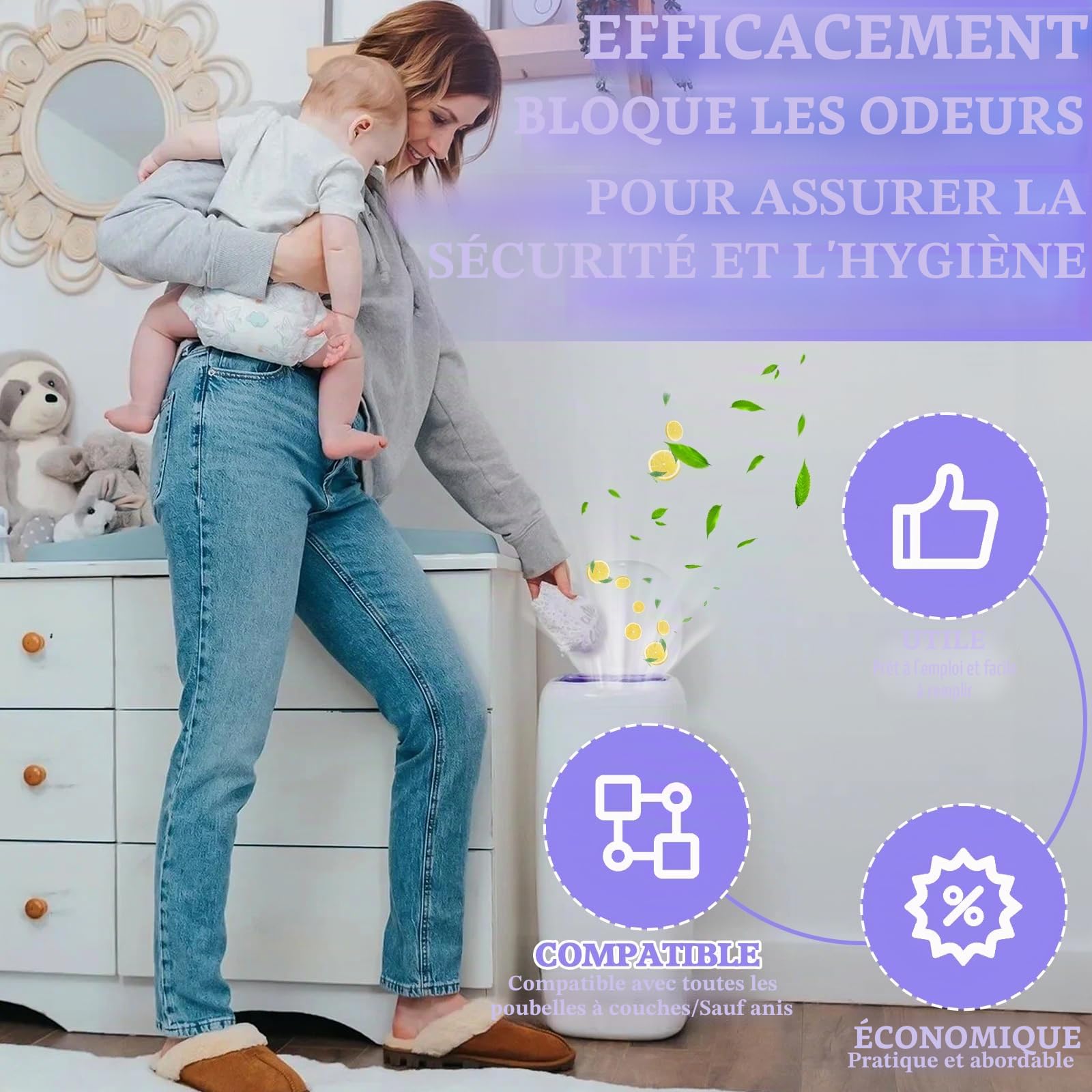 Lot de 15 recharges pour poubelle à couches, film de recharge pour poubelle à couches, excellente étanchéité, sac de recharge pour poubelle à couches compatible avec Tommee Tippee Sangenic TEC