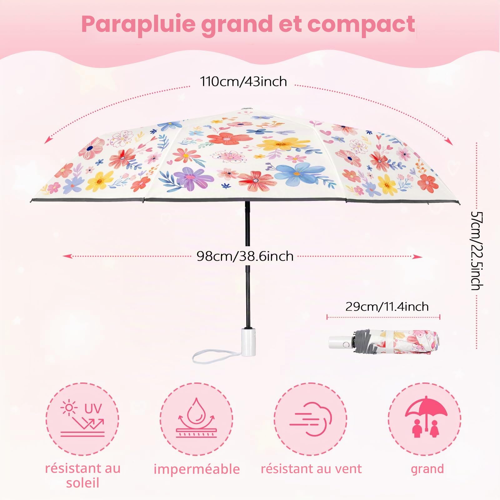 decalsweet Parapluie Pliant Enfant Anti-UV, Parapluie Compact Léger Automatique Anti-Rebond avec Bande Réfléchissante, Mini Parapluie de Voyage pour Bebe, Filles, Garçons, Fleurs et Plantes