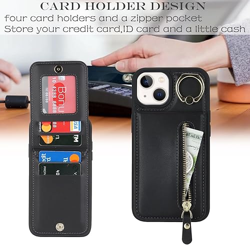 Miniatura 2 de Funda para iPhone 13 con tarjetero para mujer, para iPhone 13 Funda de teléfono con tarjeta de crédito con anillo Kickstand Cremallera a prueba de