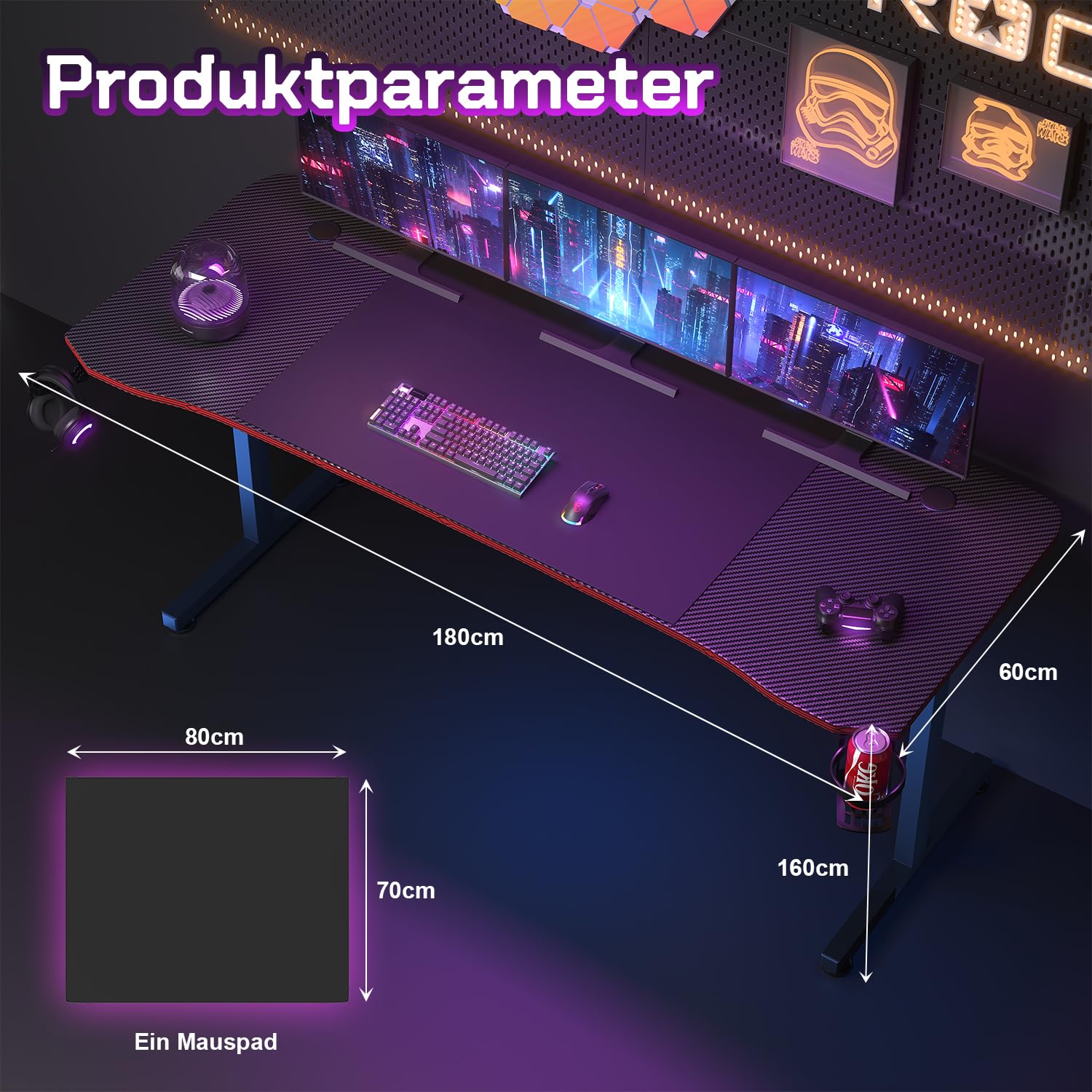 JUMMICO Mesa Gaming 180 × 60 cm, Escritorio Gaming de Fibra de Carbono Ergonómicas