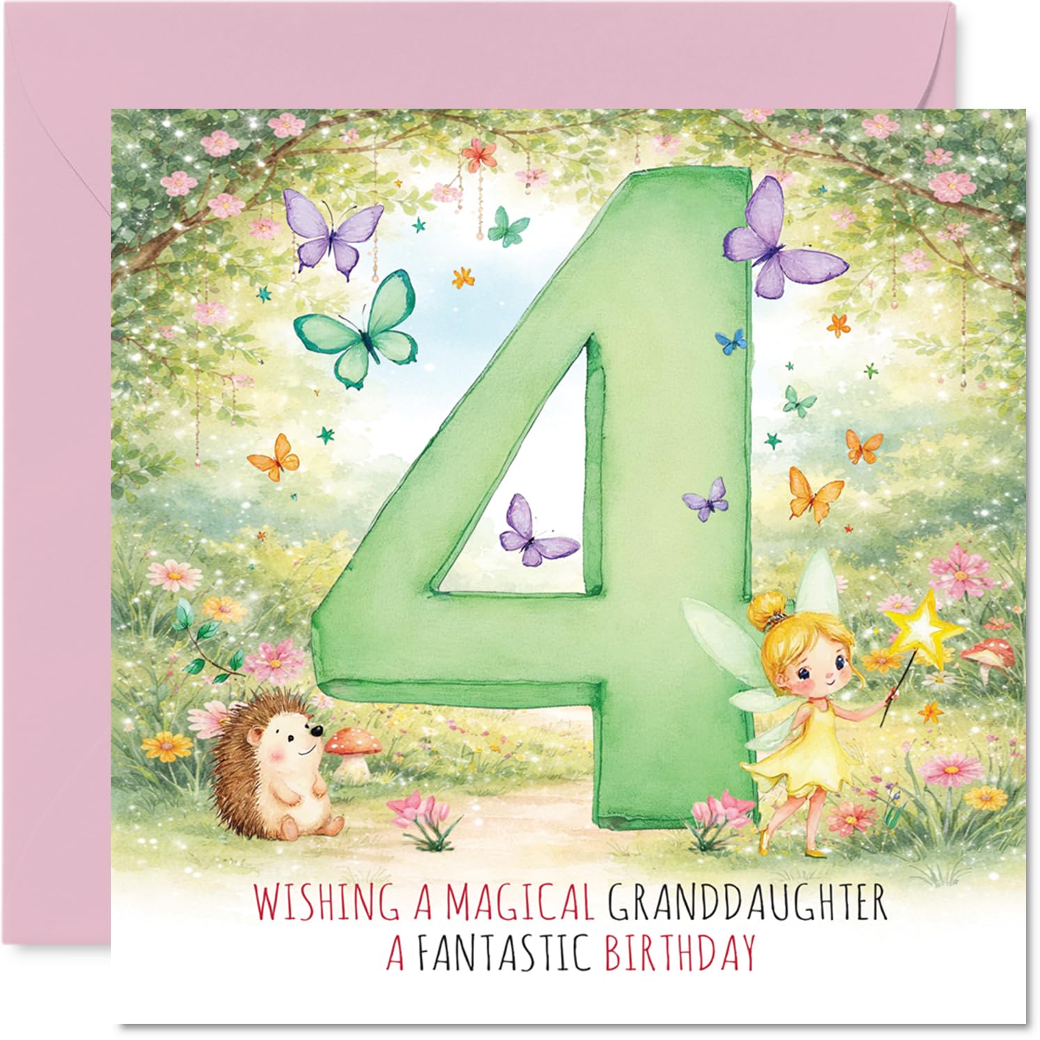Cute 4th Birthday Card for Granddaughter - Sprinkle of Magic for Her Big Day - Whimsical Fairy and Butterflies with Bold Green Number 4-145mm Square, Envelope Included