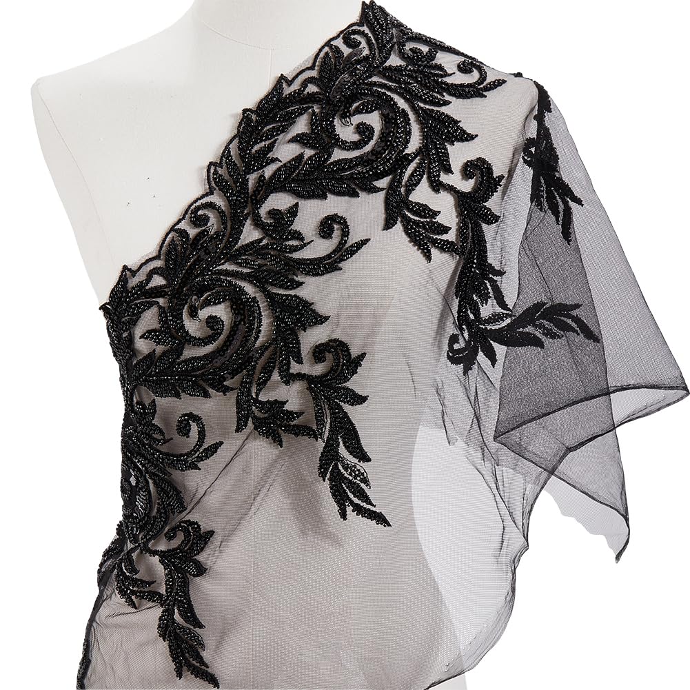 1 yard Tessuto di Pizzo con Ricamo Floreale Nero, Paillettes Lucide, Perline, Toppe di Paillettes, Da Cucire su Tulle, Rifiniture Vintage con Fiori per Cucire, Realizzare Abiti Da Sposa, Dec