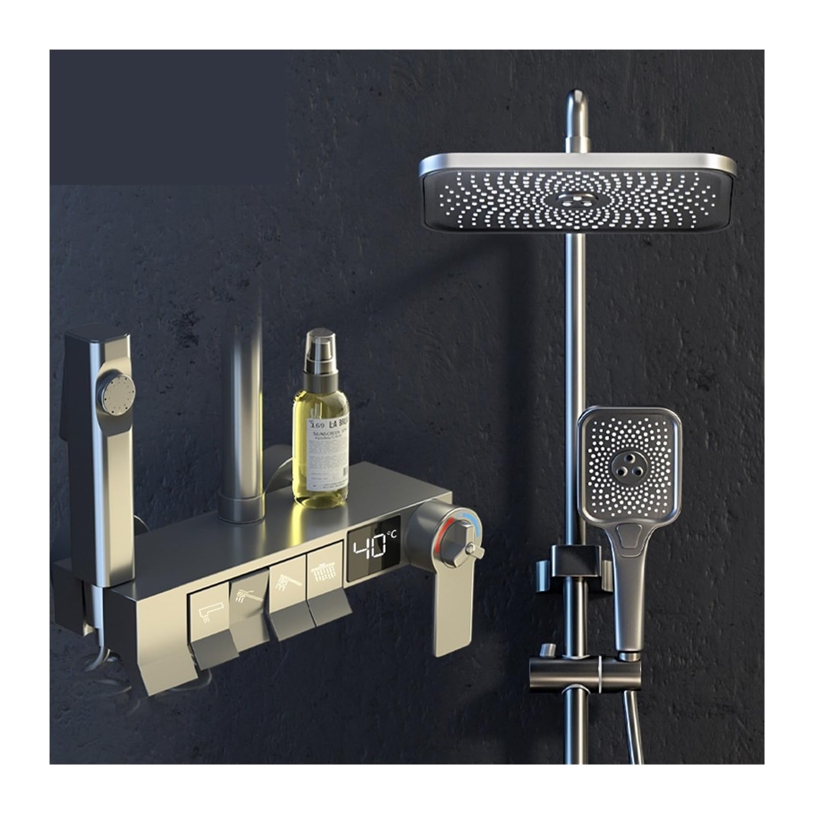 Rubinetto for Vasca da Bagno con Display Digitale for Montaggio a Parete, Doccia termostatico Freddo Caldo, Set Doccia a Pioggia con Pulsante Piano Quadrato(Black Thermostatic)