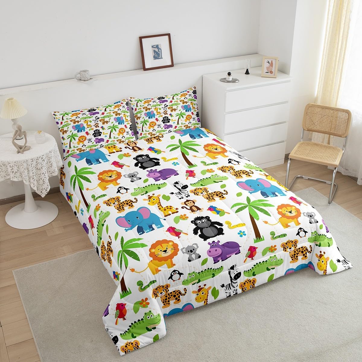 Feelyou Animal Comforter Set Full Size Cartoon Comforter for Kids Teens Adults Monkey Bedding Set Lion Duvet Set Room Decor Elephant 3Pcs with 2 Pillow Cases