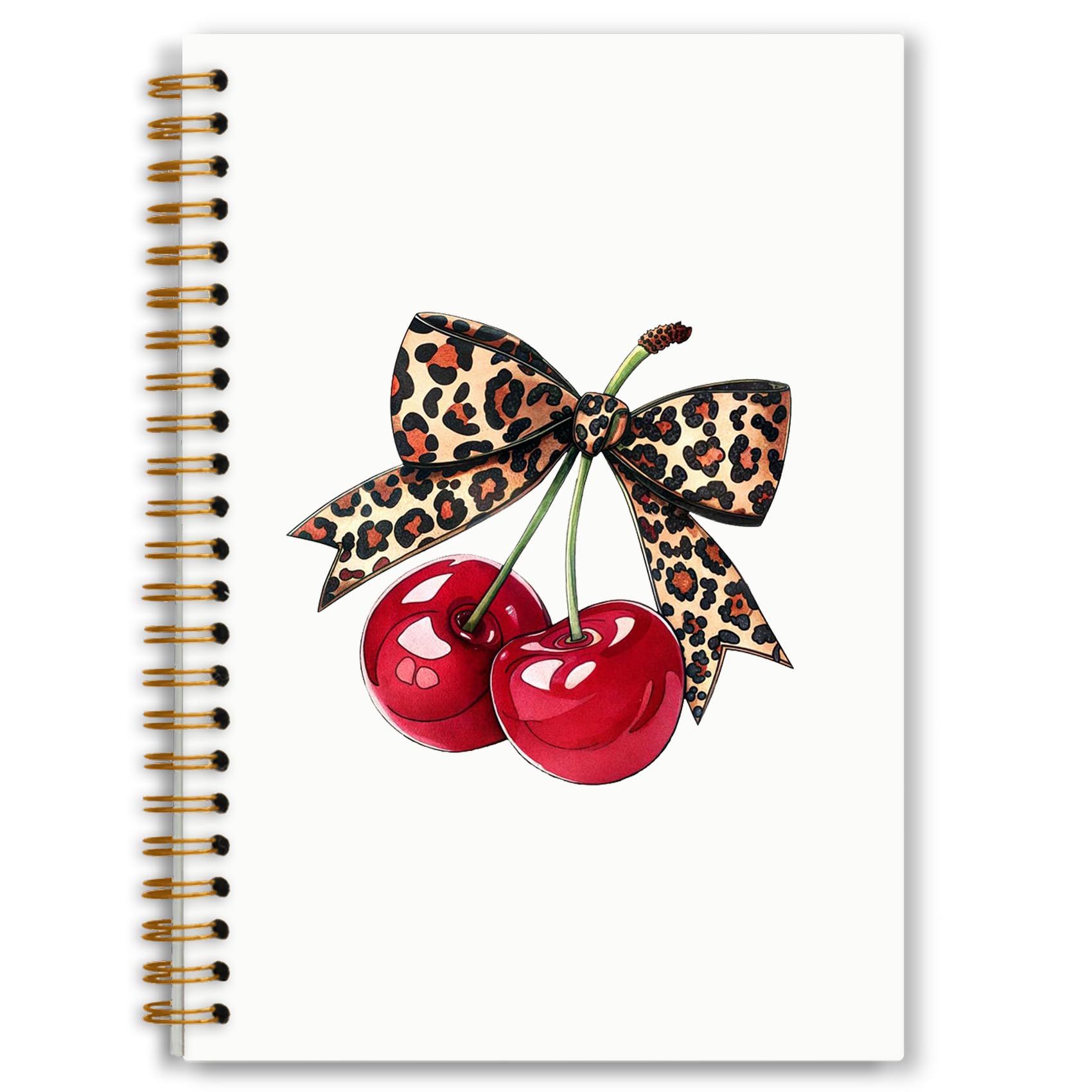 Foritho Coquette Leopard Bow Cherry Notebook, Trendy Preppy Cherry Journal, Funky Cheetah Print Bow Journal, Aesthetic Girly Office Supplies, Cherries