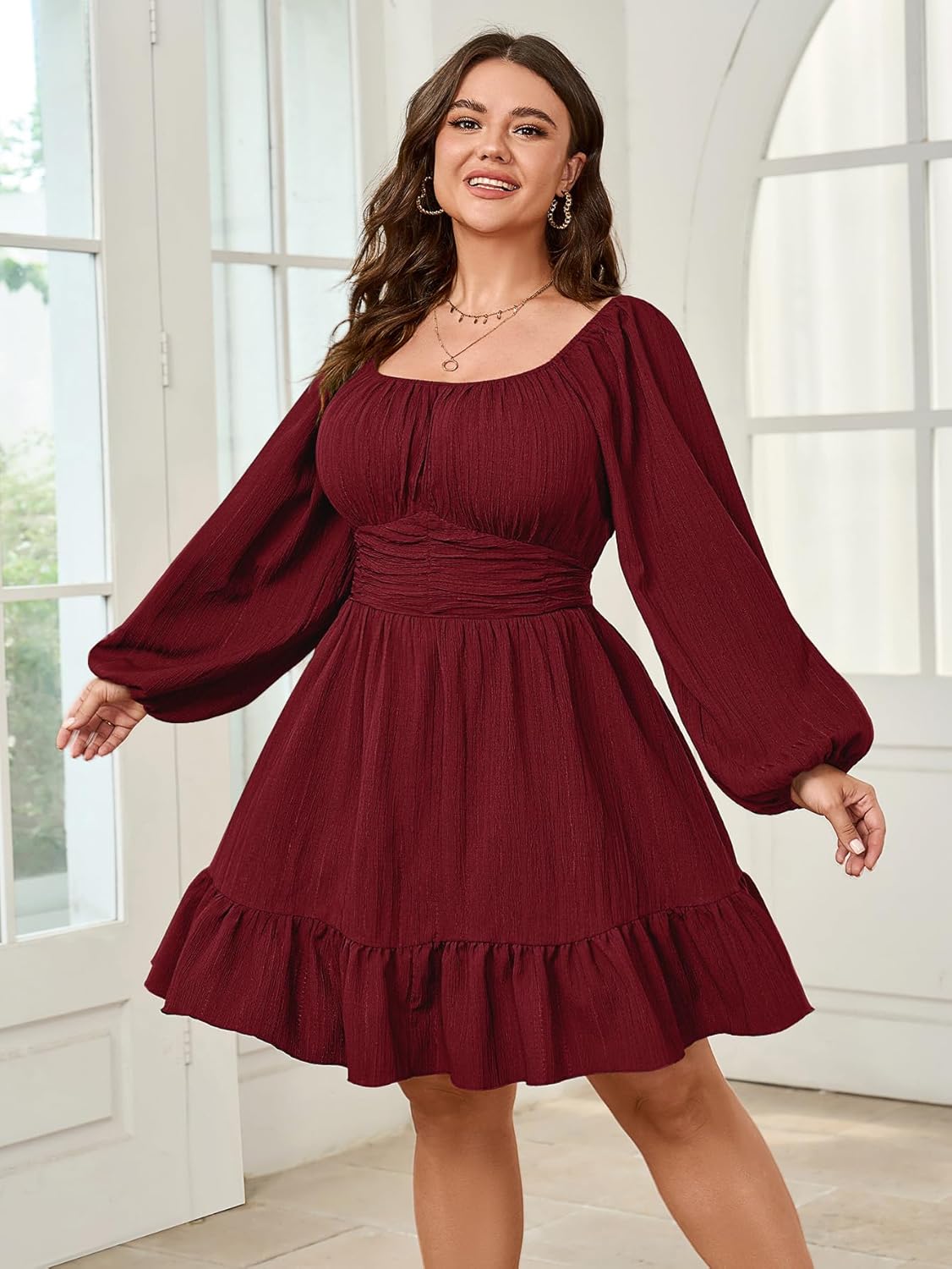 Womens Plus Size Dress Casual Long Lantern Sleeve Square Neck Textured Ruffle Flowy Ruched A-Line Mini Dresses for Women - Image 2