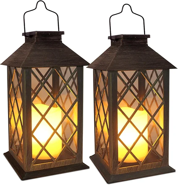 SHYMERY Solar Lanterns, Hanging Outdoor Lantern with Lasts 2X Longer LED Flickering Flameless Candles, Waterproof Outdoor Garden Lanterns Decorative for Patio, Porch,Deck, Yard, Table Decor 2 Pack