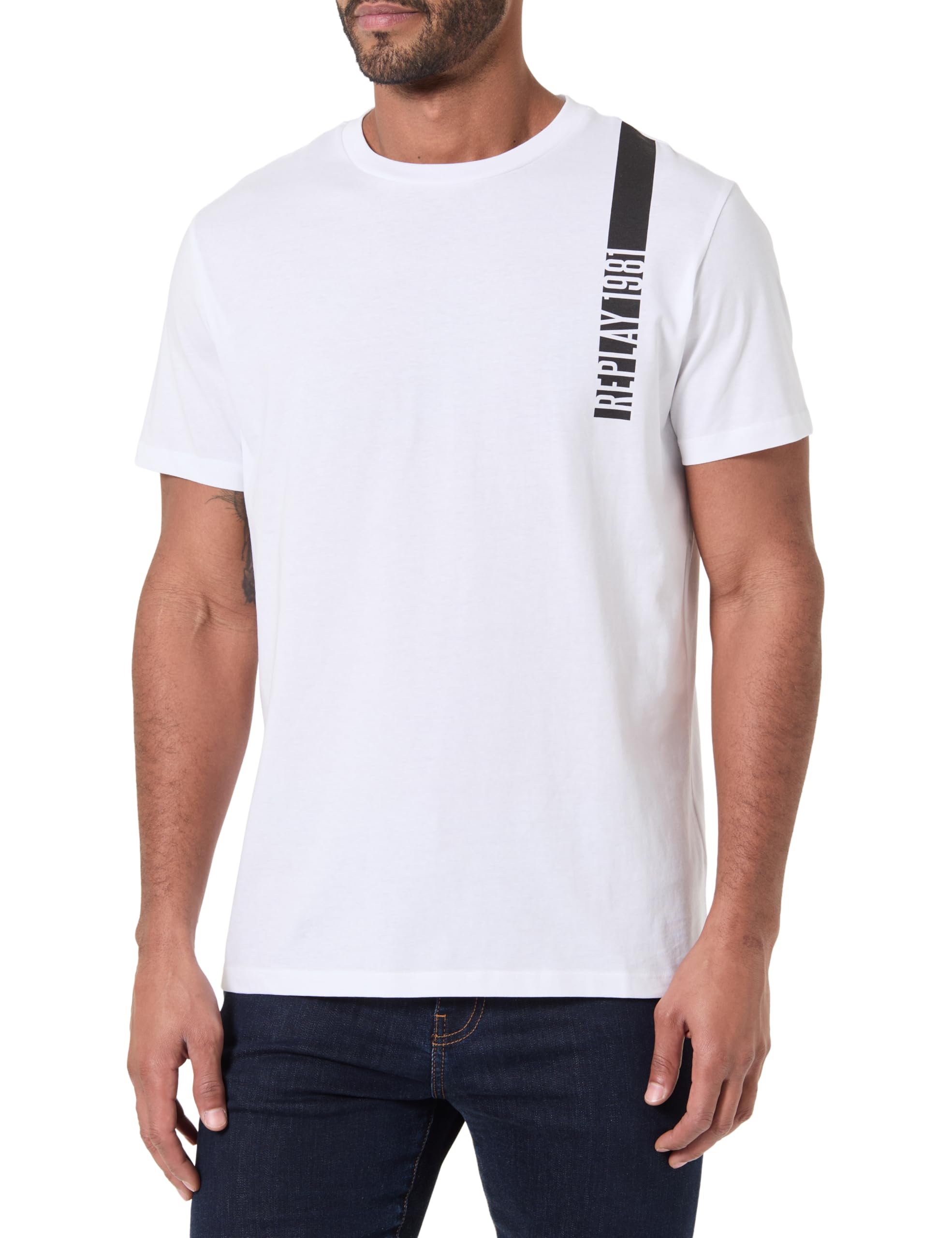 Replay Men's Short-Sleeved T-Shirt with Branding, White 001 (White), XXL