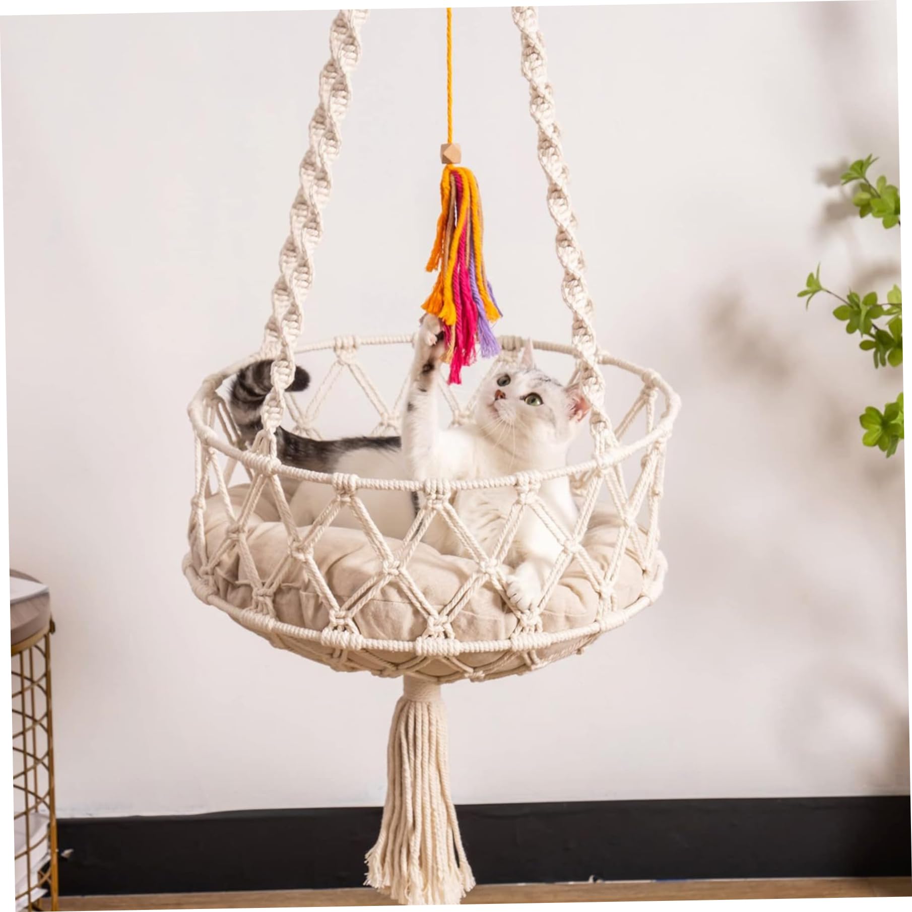 Katzenschwung 49 Zoll Hanges Katzenbett mit Baumwollmatte Boho -Katze Hängematte mit Quasten Platz sparsamer Katzenbett zum Schlafen und Lautstärken von Katzenfenster Hängematte Katze Hängematte Bedc