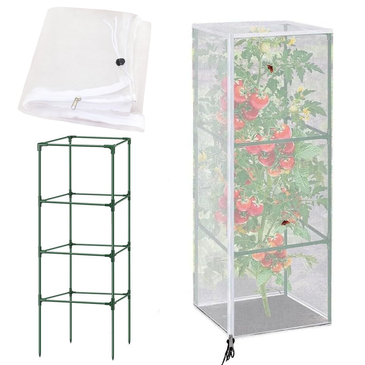 Square Tomato Cages with Plant Cover for Garden, Adjustable Garden Plant Trellis Support Stake Vertical Climbing Plants Support for Tomato Cucumbers Vegetables Flowers Fruit Growing