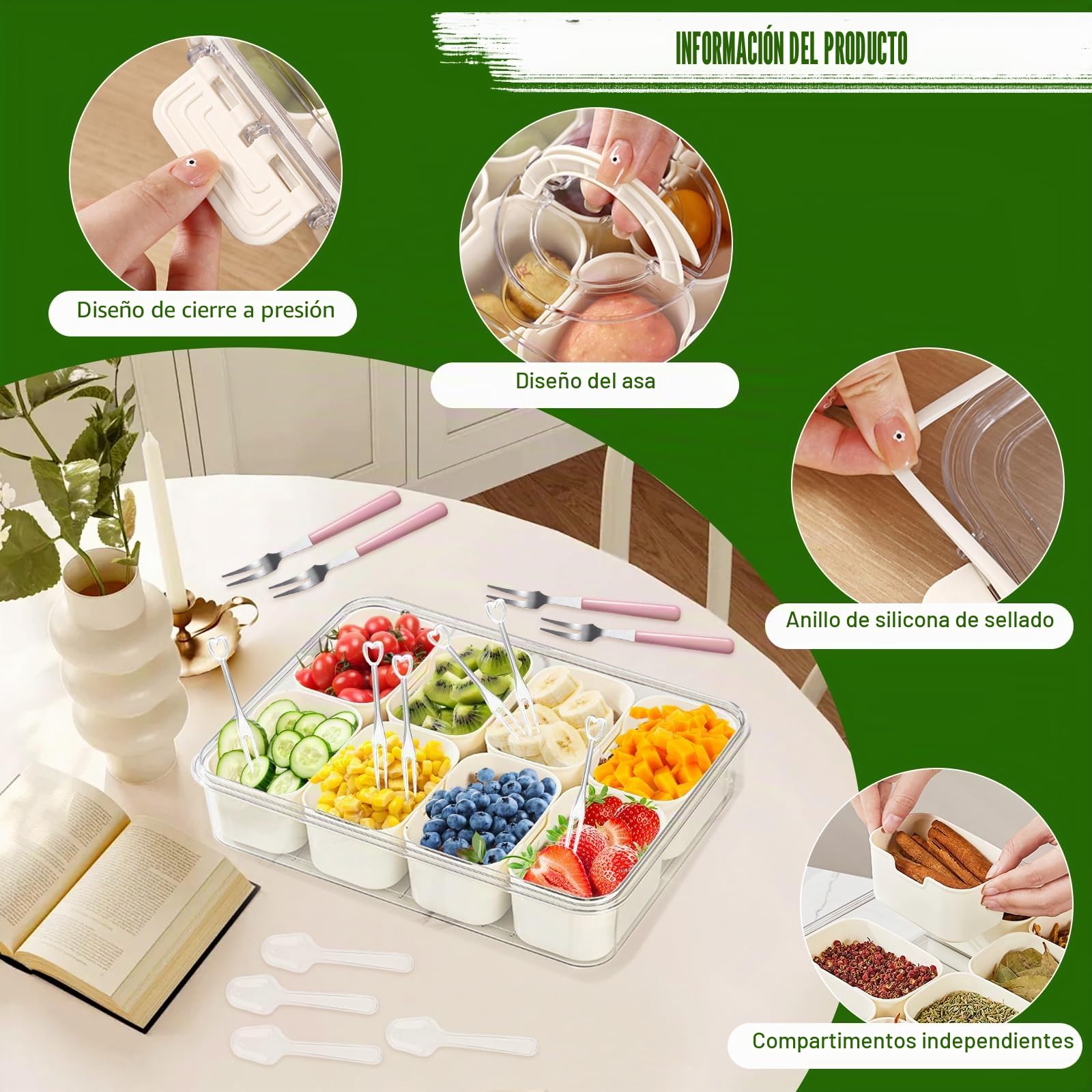 Set de 2 Cajas para Snacks con Tapa – 12 Compartimentos por Bandeja, Transparente y BPA Free – Contenedores Reutilizables para Frutas, Dulces, Salsas, Aperitivos, Picnic y Fiestas – con 4 Tenedores –