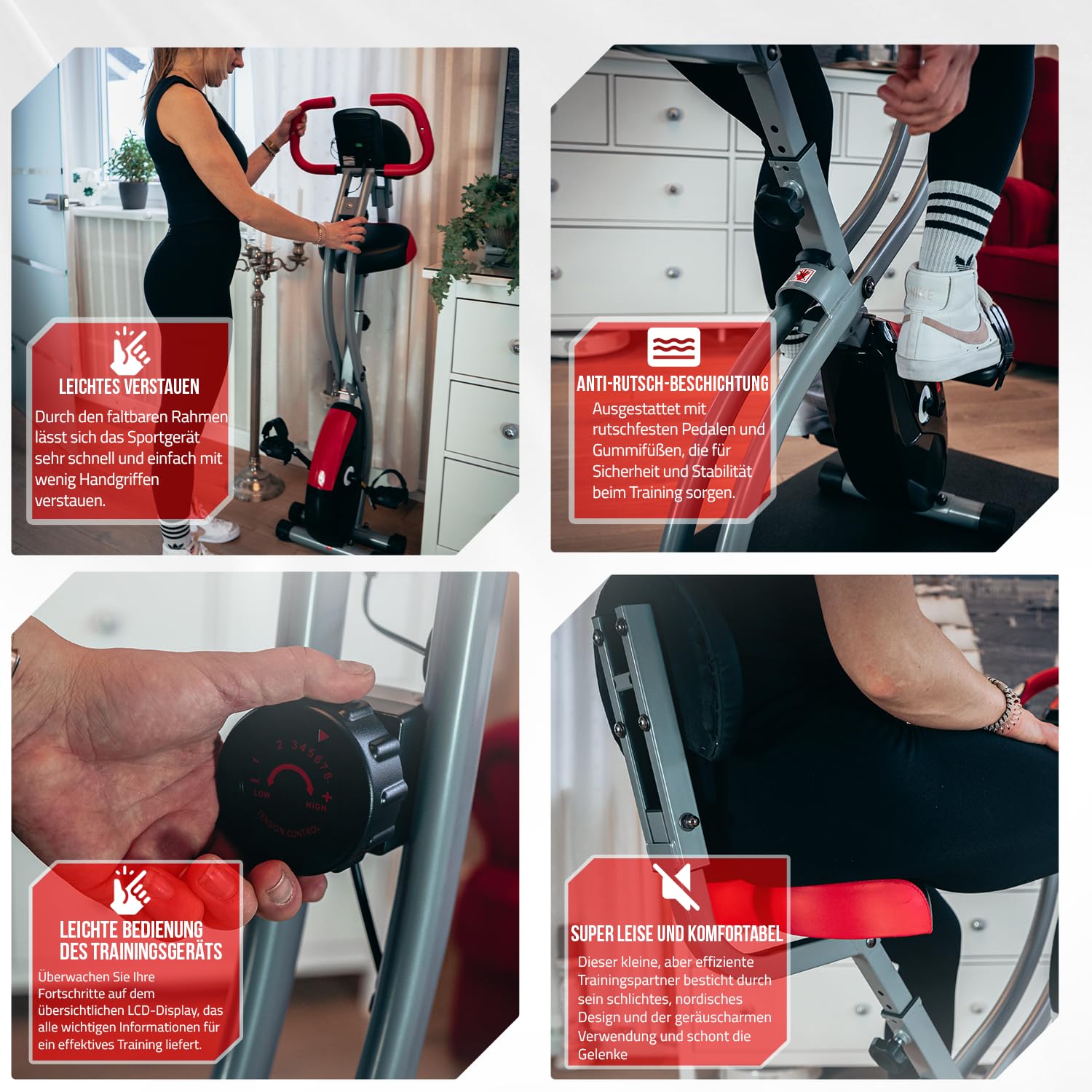 Senioren Heimtrainer, faltbarer Fahrradtrainer, Heimtrainer, Fitnessfahrrad LCD Trainingscomputer, klappbarer Hometrainer, inklusive Pulsmessung, 8 Widerstandsstufen