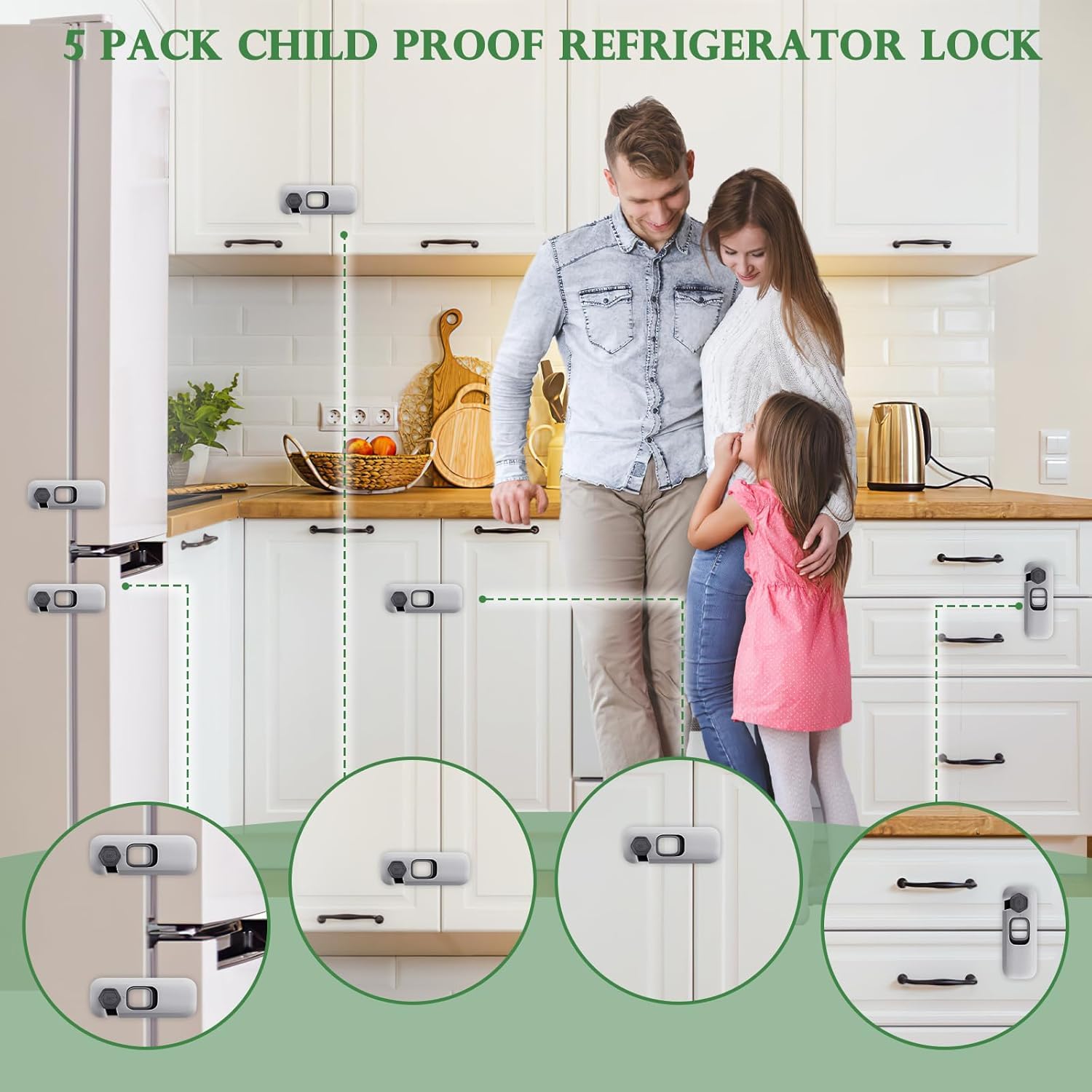 KHAMKARI 2 Pack Child Proof Refrigerator Lock, Fridge, Cabinets, Freezer Door Lock Apply to Max 1"(25mm) Sealing Strip for Toddlers and Kids, No Tools Need or Drill - Grey (Grey, 2) 3
