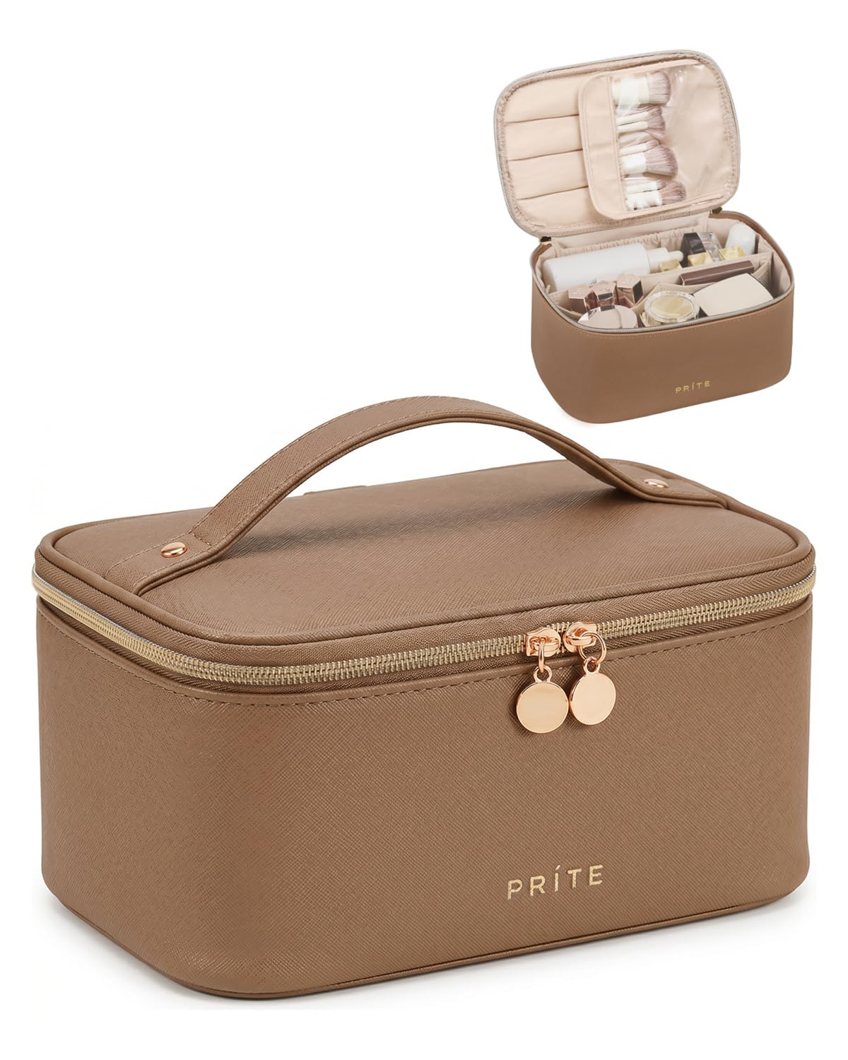Estuche de Maquillaje Prite, Bolsa de Cosméticos de Viaje de Gran Capacidad Portátil, Organizador de Maquillaje Impermeable para Mujeres con Asa y Divisores (001 Marrón)