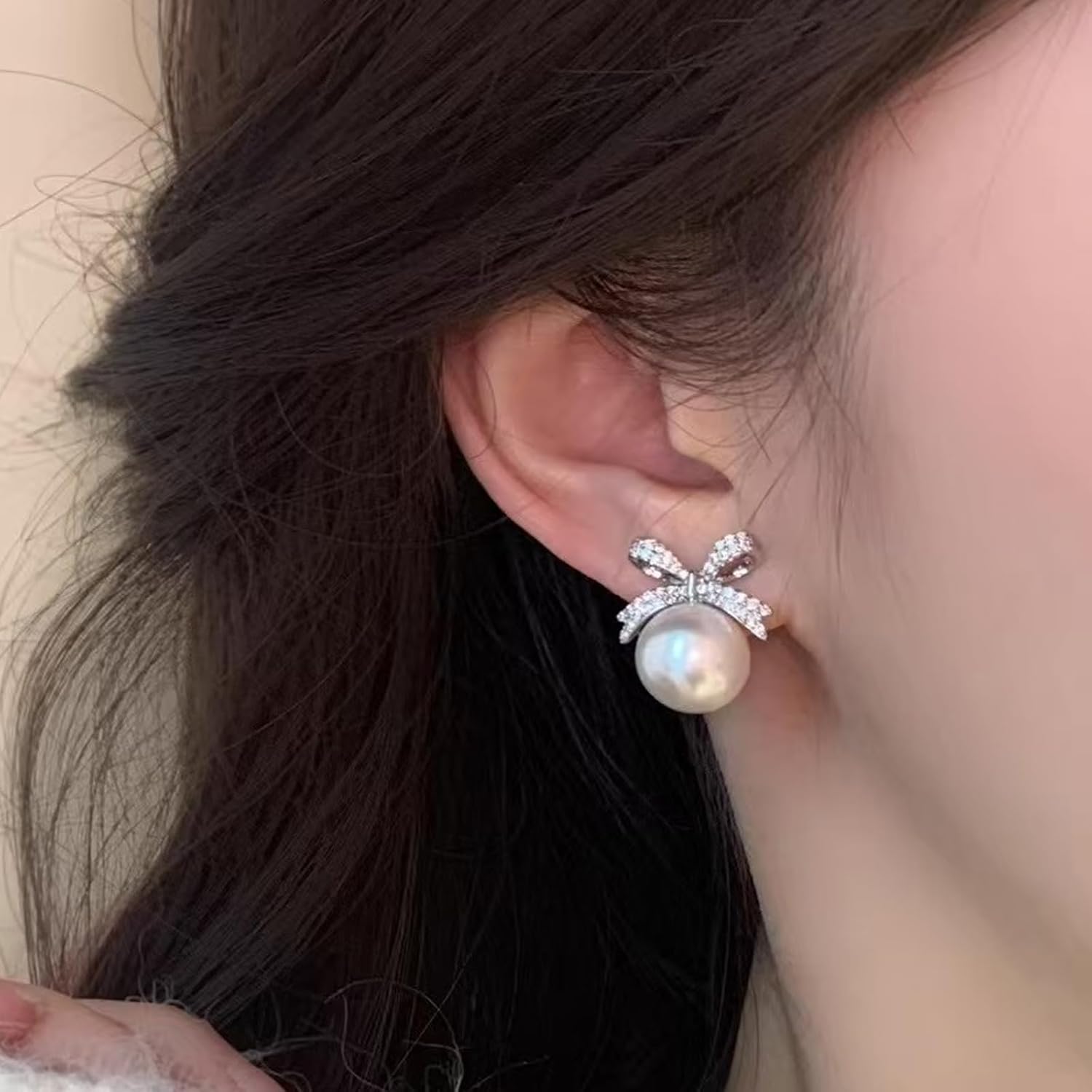 Pearl Bow Earrings for Women Trendy Dainty Rhinestone Bow Stud Pearl Statement Earrings for Christmas Party Holiday Jewelry Gifts - Image 8