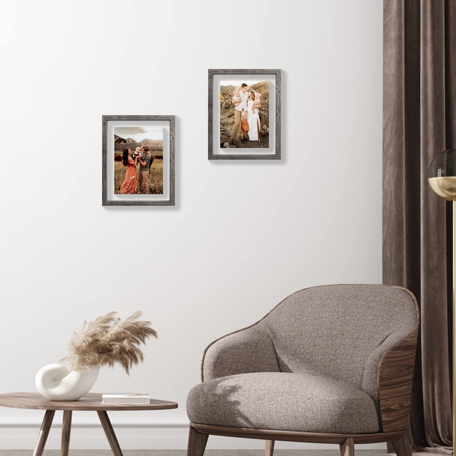 WIFTREY Gray 5x7 Rustic Picture Frames Set of 2, Double Side Tempered Glass Photo Frames for Wall Floating or Tabletop Standing