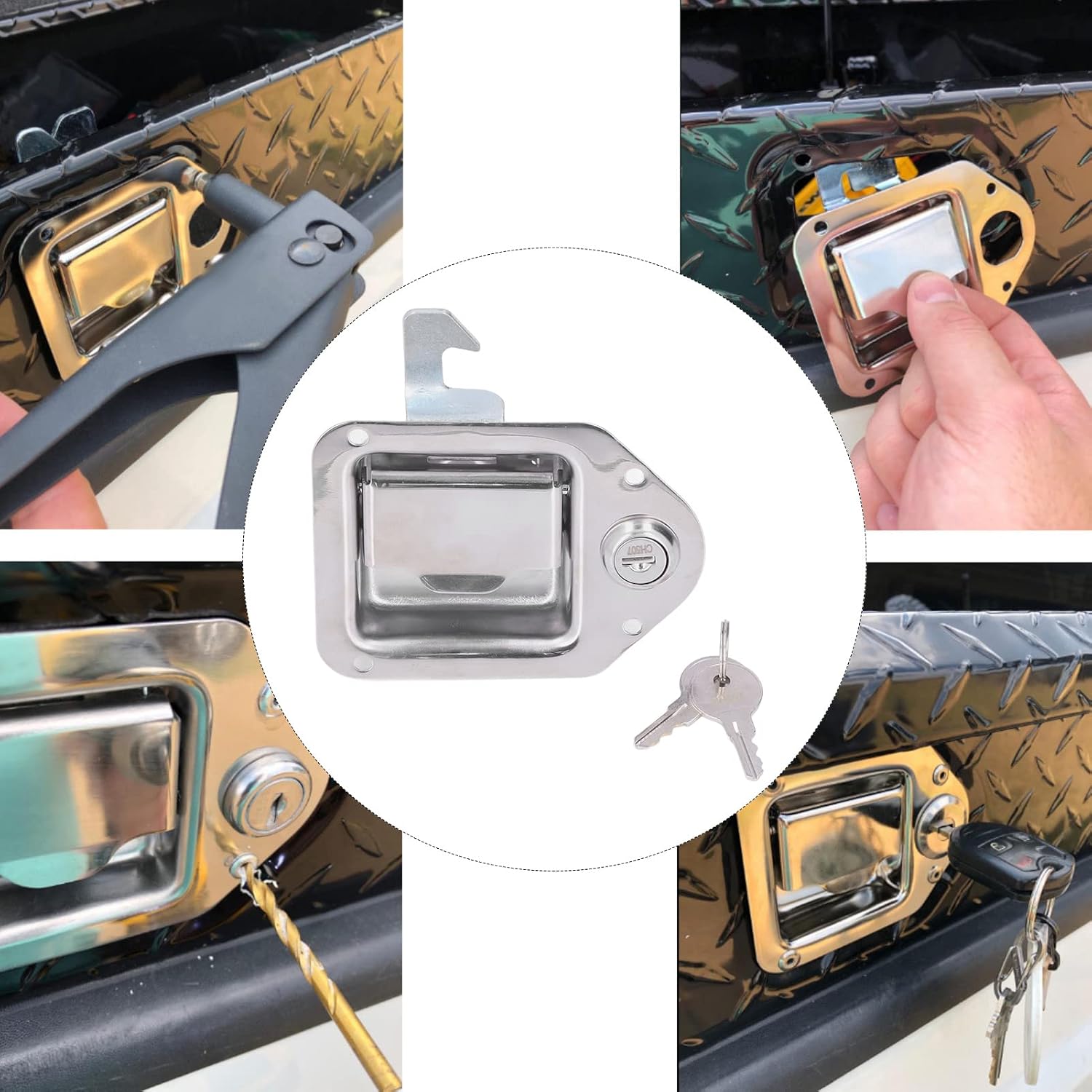 4.3x3.3in Truck Tool Box Latch Universal 304 Stainless Steel Handle Lock Silver Paddle Lock Replacement Handle with 2 Keys for UTV, ATV, RV