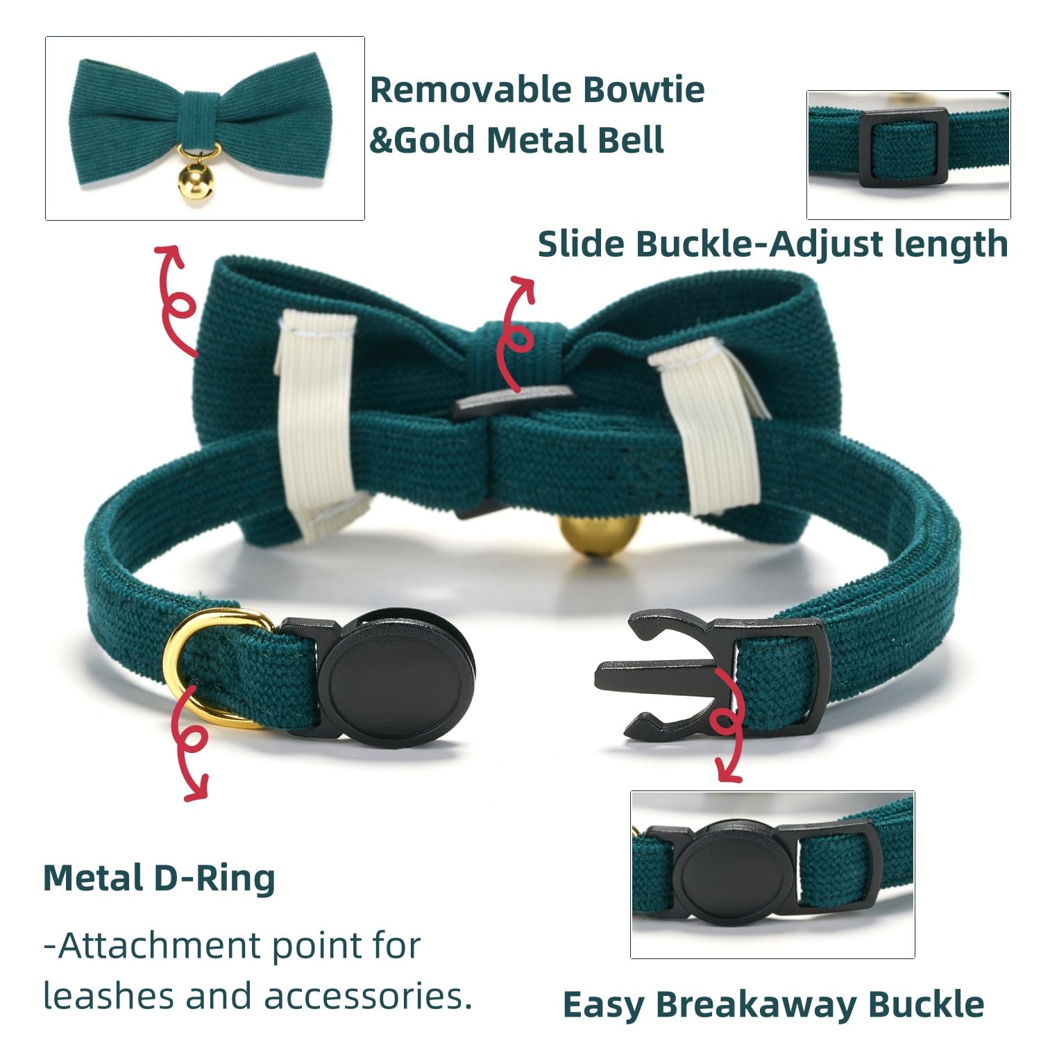 Petiry Soft Christmas Cat Collar With Bow,Corduroy Breakaway Kitten Collar With Removeable BowTie and Gold Bell,Pack of 2,Red Green - Image 3