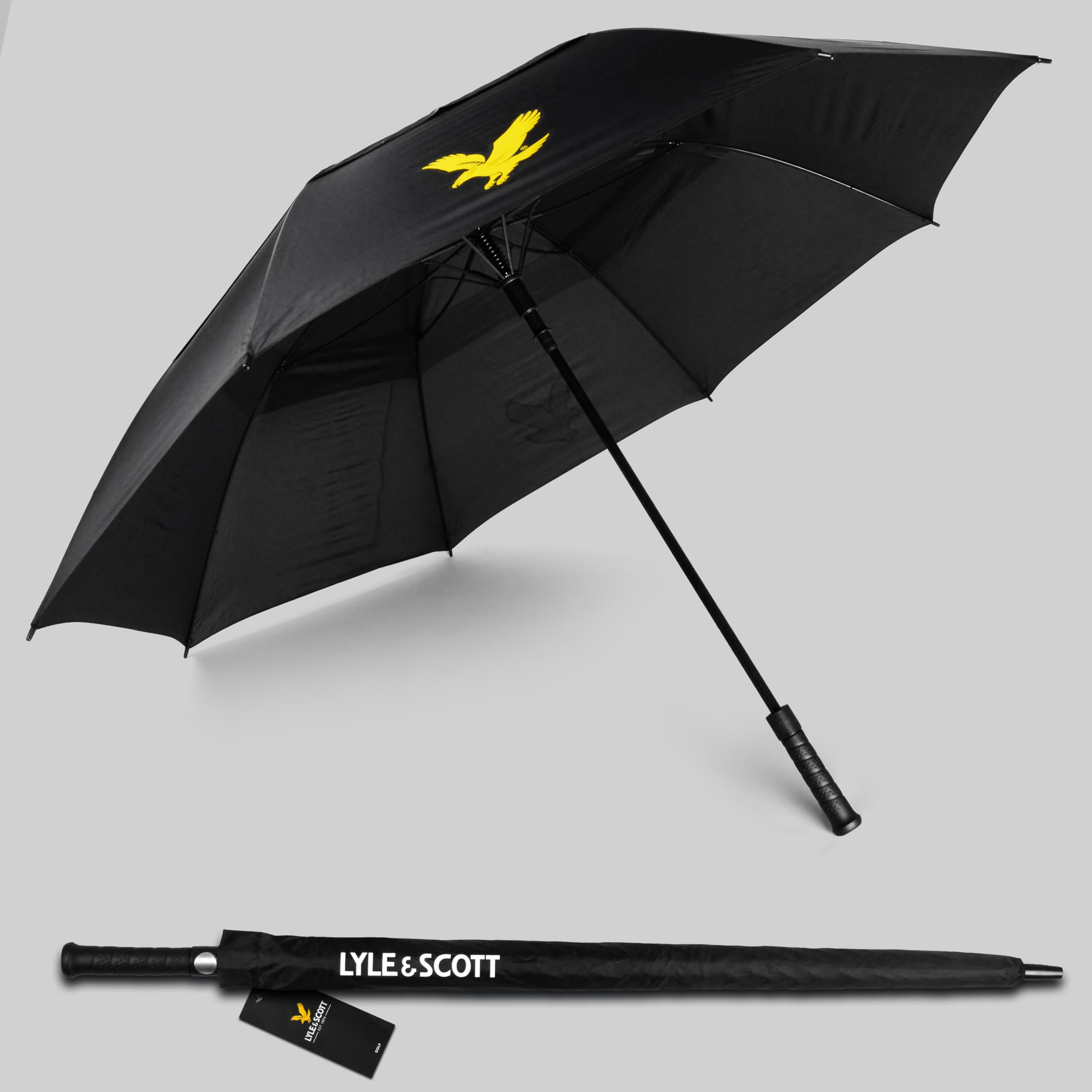 Lyle and Scott 157,7 cm Golfschirm – Doppel-Baldachin-Design, winddichter Regenschirm mit leichtem Fiberglas-Schaft, Doppeldach Golfschirm, Schutzhülle – unverzichtbares Golfzubehör