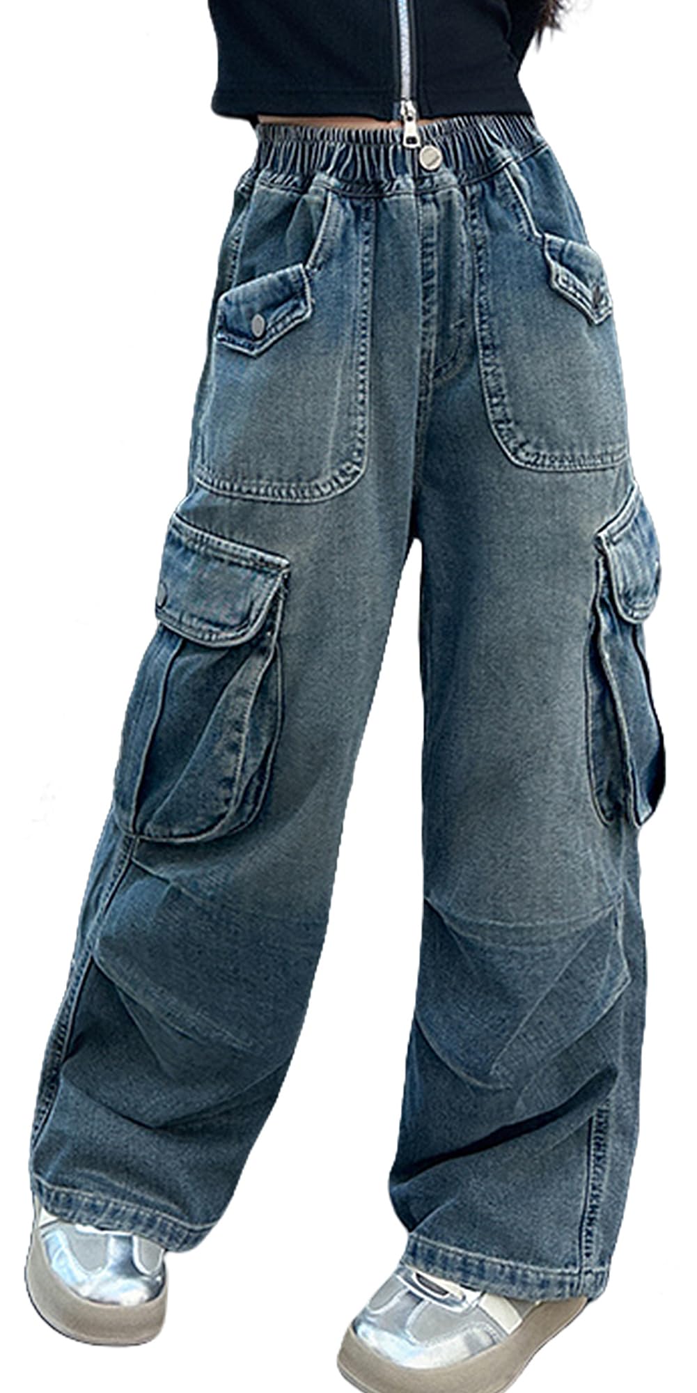 Ripped Jeans für Mädchen Hohe Elastische Taille Stretch Cargohose Loose fit Gerade Weites Bein Washed Trousers