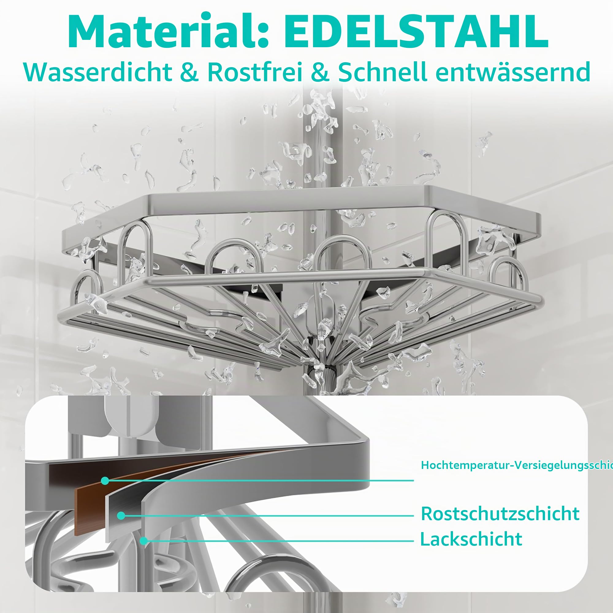 HapiRm Teleskopstange Duscheckregal Teleskop - Teleskopregal, 70-276cm | 4 Tier rostfrei Teleskop Badregal Duschregal mit 16 Haken, Zahnbürstenhalter & Seifenschale, Teleskopstange Badezimmer