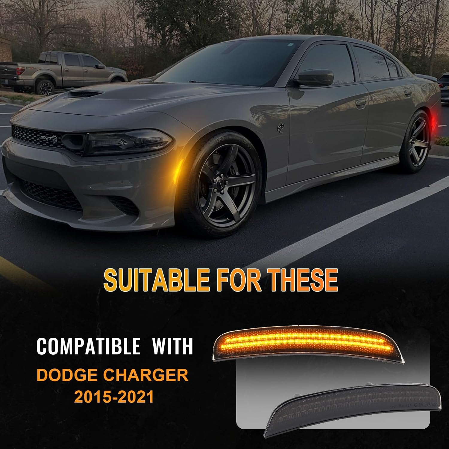 LED Side Marker Lights Amber & Red Compatible with Dodge Charger 2015-2023, Front & Rear Fender Side Markers, Charger Side Bumper Light Smoked Lens OEM# 68214404AA,68214405AA