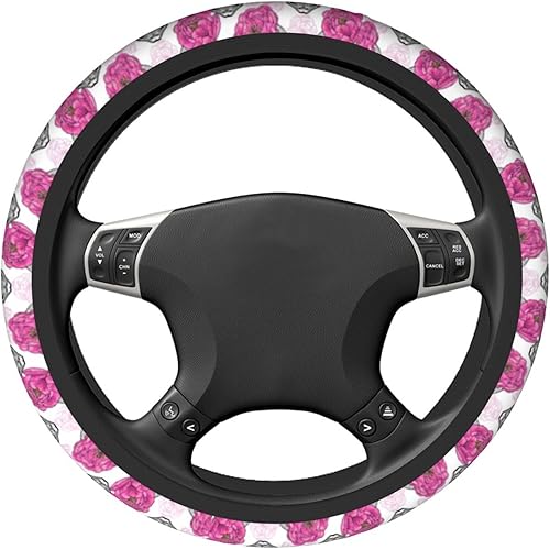 Miniatura 2 de Funda para volante para mujeres y hombres, calavera y peonías rosas, color blanco, protector de volante de neopreno, ajuste universal para la