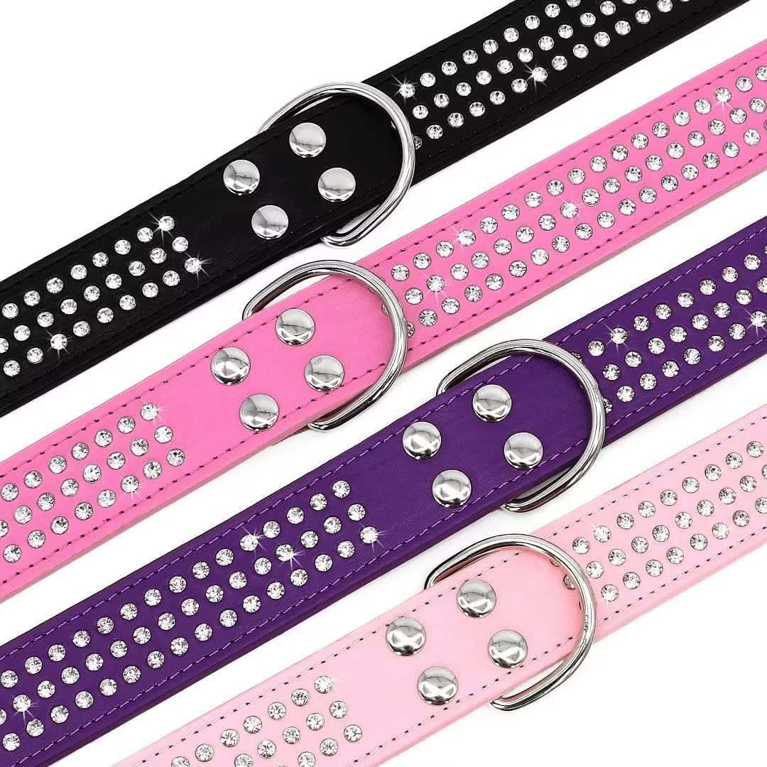 Rhinestones Dog Collar - 1.5" Width Leather Made with Sparkly Crystal Diamonds Studded - Shining Pet Appearance for Medium & Large Dog Walking,17"-20",Purple