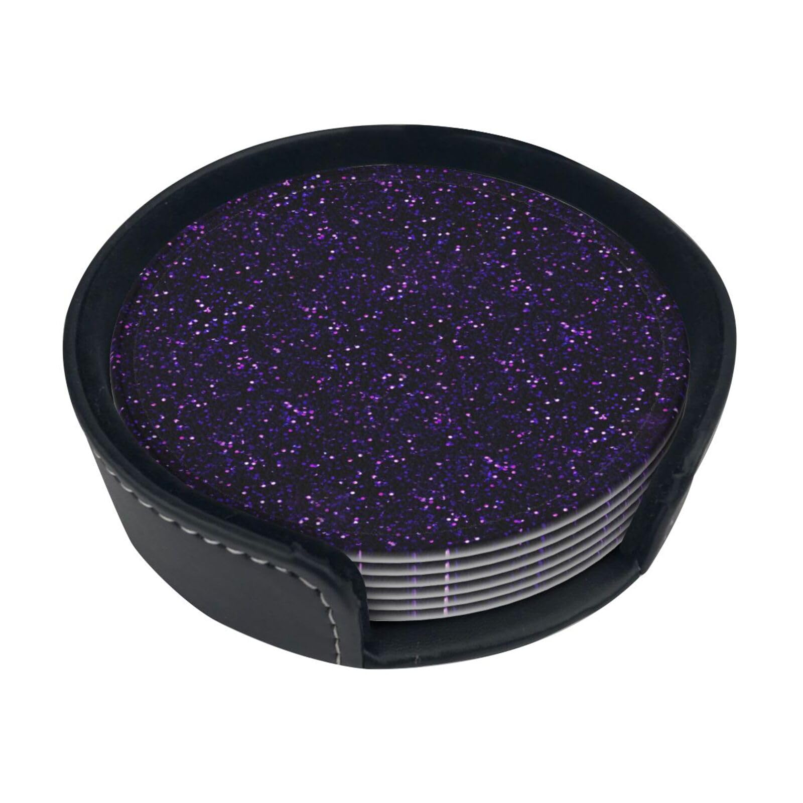 Poadnly As Picture Dark Amethyst Purple Glitter,Set Of 6 Round Coasters, Pu Leather Drinks Coasters With Holder For Home Office Kitchen