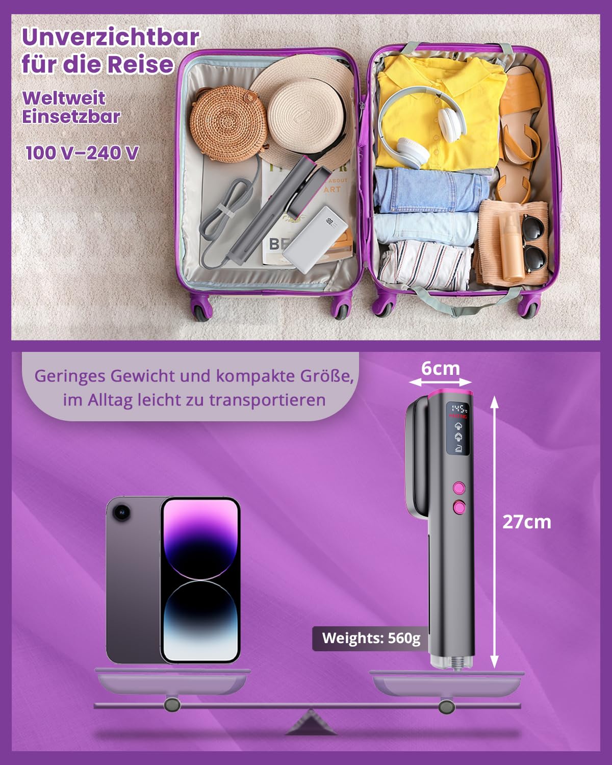 Reise Dampfglätter für Kleidung, 100–220 V Dualspannung Steamer, tragbarer 2-in-1 Handsteamer & Reisebügeleisen, 20s Schnellaufheizung, 4 Dampfmodi mit LED-Display, für weltweite Reisen 560g