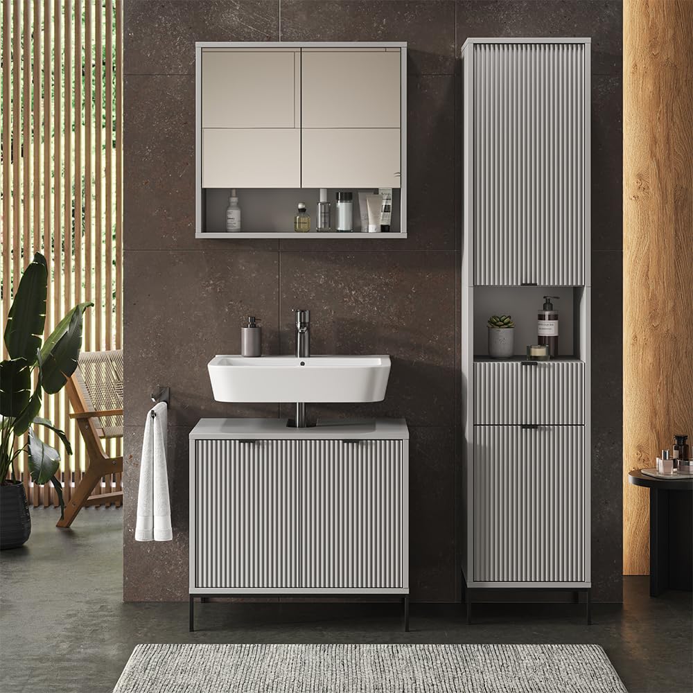 Vicco Badschrank Eliza, Grau, 40 x 190 cm | mit Türen, und Schublade, zur Aufbewahrung von Badutensilien und kombinierbar mit Eliza-Reihe
