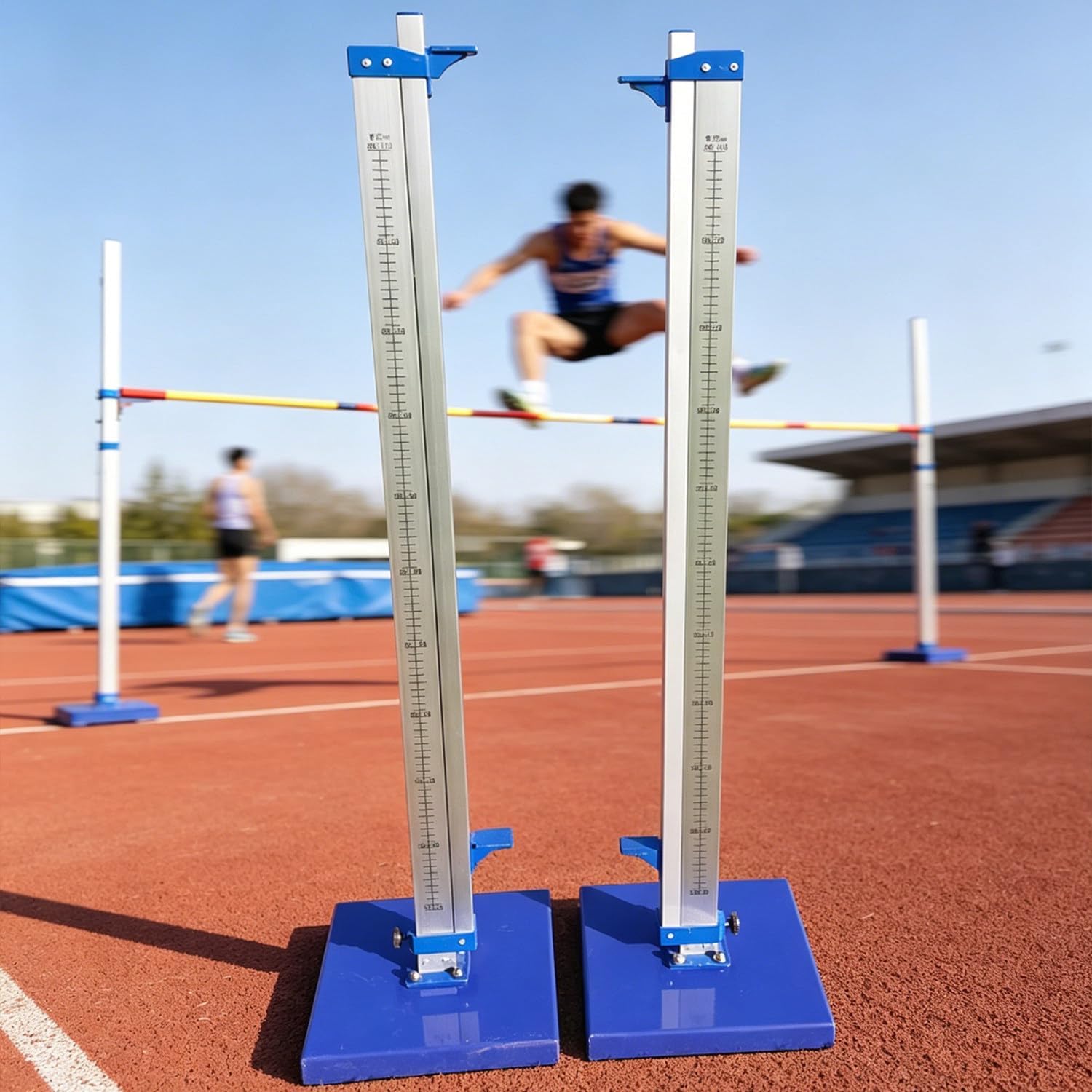 Safety Elementary Pro Track & Field High Jump Measuring Stick, Roll Away Movable Athletics Competition High Jump Standard, Aluminum Training High Jump Stands 1 to 7.5 ft Blue
