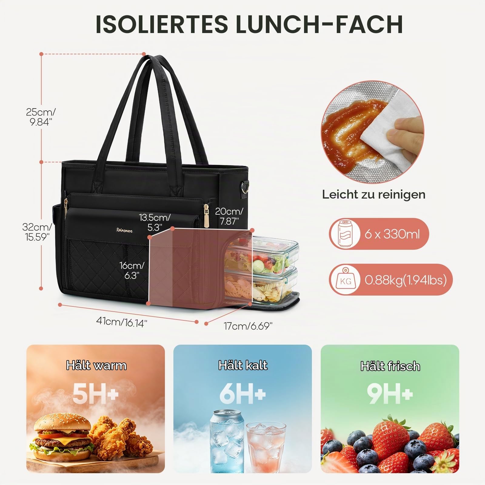 RAINSMORE Arbeitstasche Damen mit Kühlfach, Lehrertasche 15.6 zoll für Büro