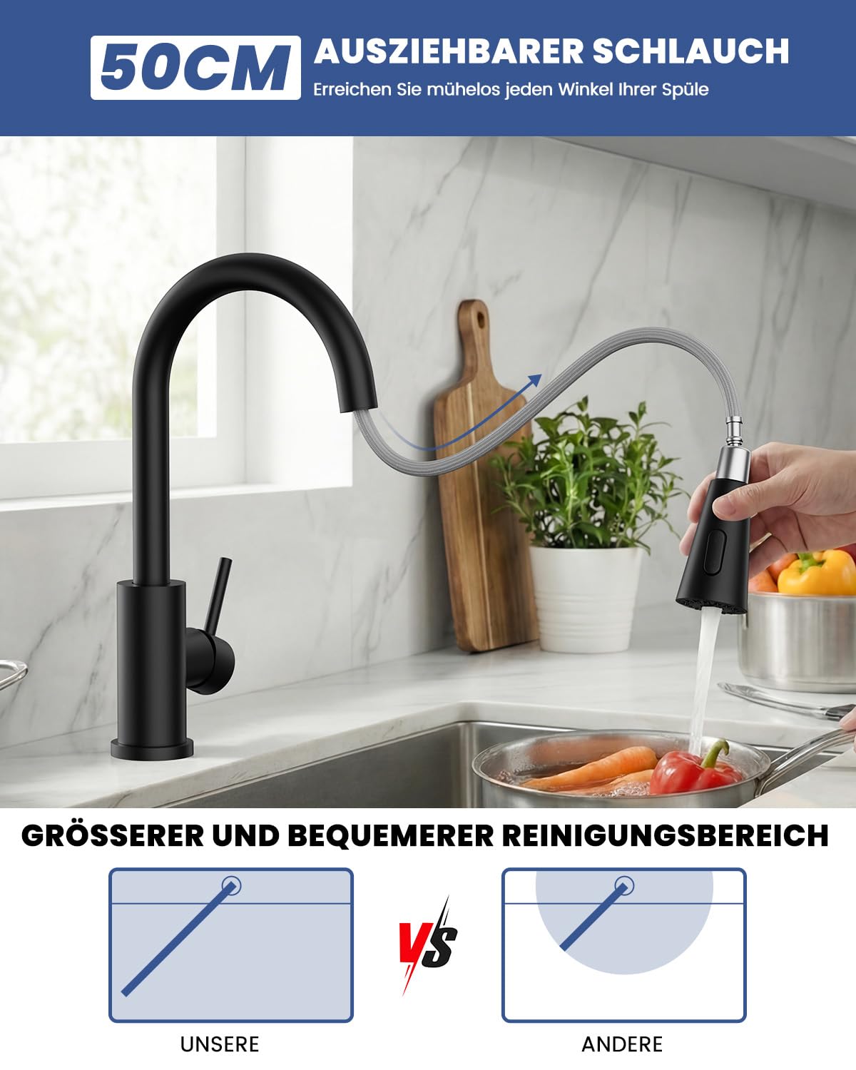 DAYONE Niederdruck Armatur Küche Schwarz, Küchenarmatur Ausziehbar mit 3 Strahlarten, Edelstahl Mischbatterie mit 3 Anschlüssen, 360° Drehbare Wasserhahn Küche, Niederdruck Spültischarmatur für Boiler