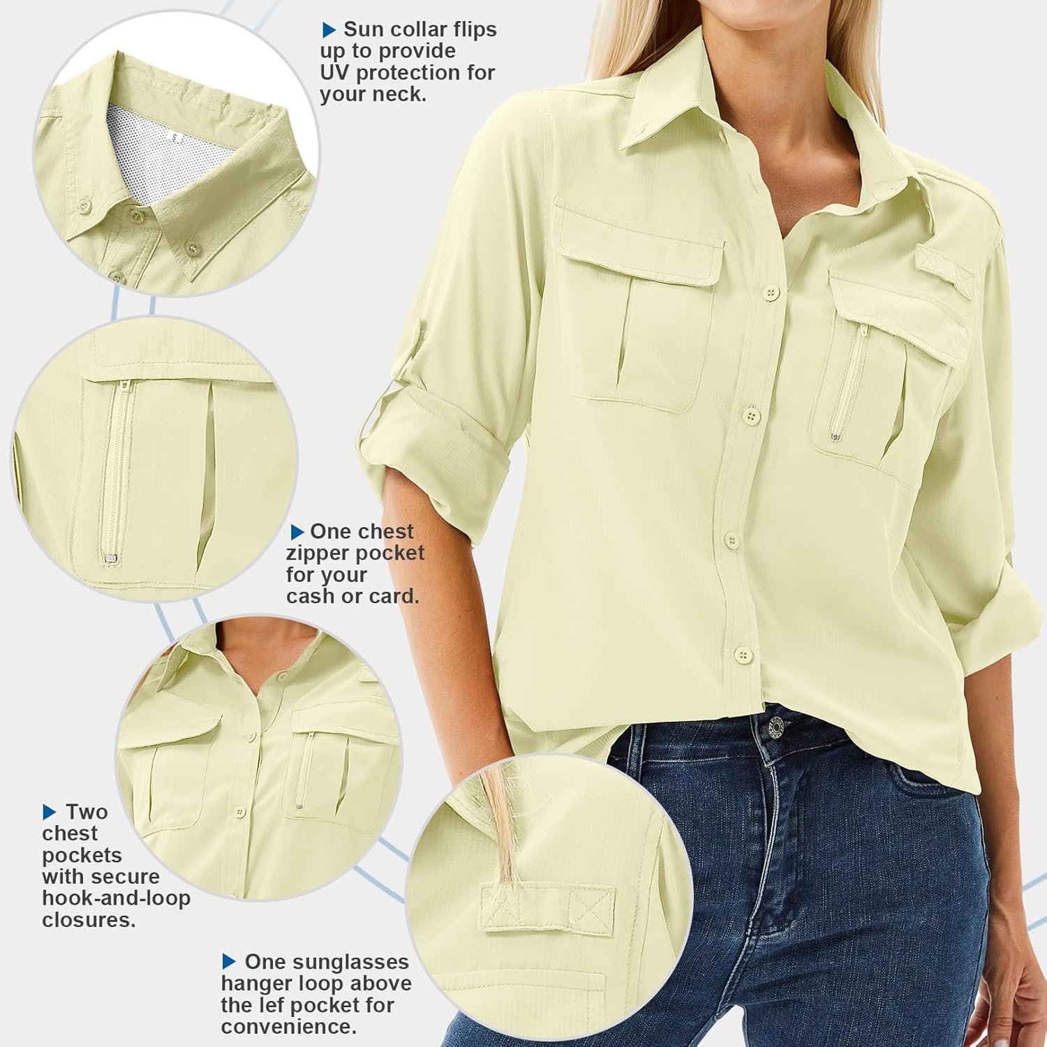 Women's UPF 50 Long Sleeve Sun Protection Shirts Safari Fishing Hiking - Image 3