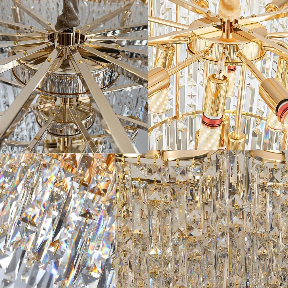 Modern Crystal Chandelier, 32 inch Ceiling Lights Flush Mount Gold Pendant Light Fixture for Bedroom Living Room Dining Indoor Lighting,Hanging Lamp Close to Ceiling Light,Included Bulb