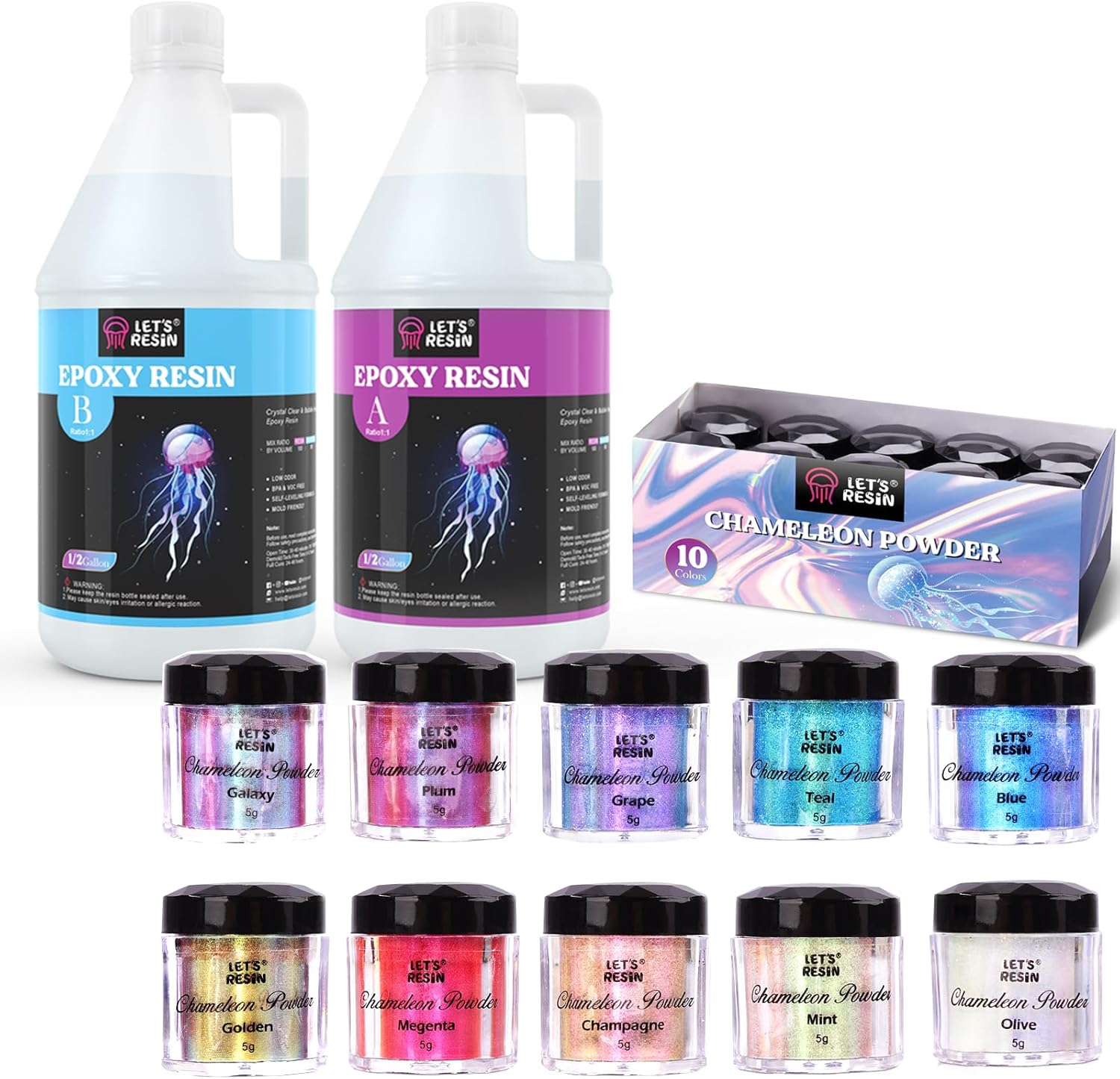 Bundle Set of 10 Colors Chameleon Mica Powder and 1 Gallon Epoxy Resin
