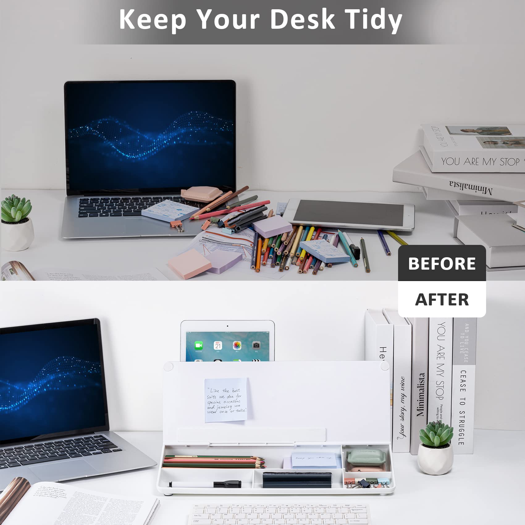 TIANSE Desktop Whiteboard Dry Erase with Organizer Keyboard Desk Whiteboard-White to-Do List Memo Desk Buddy for Office, Home, School-White