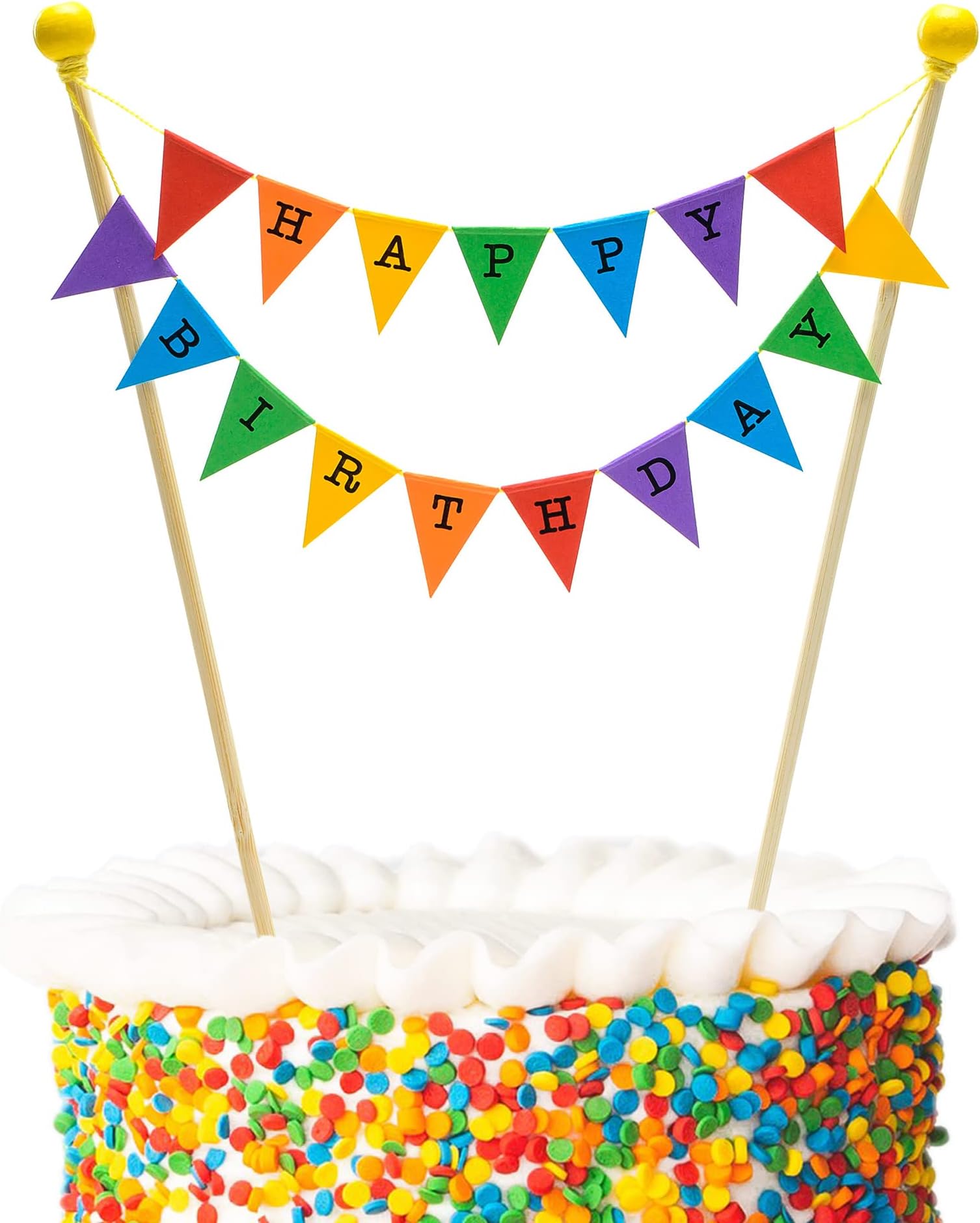 Amazing Buntings, Happy Birthday Cake Topper, Rainbow Bunting Flags Banner Party Decoration, Fully Assembled with Food Grade Wooden Poles, Small